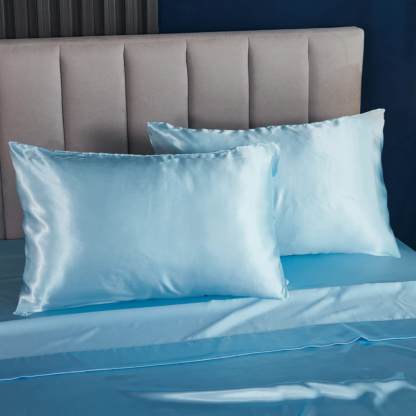 Luxury 4-Piece Satin Sheet Set Queen Size - Baby Blue Silky Bedding with Deep Pocket Fitted Sheet, Flat Sheet & 2 Pillowcases | Soft Silk-Like Satin for Ultimate Comfort | Perfect for Master Bedroom, Guest Room & Luxury Hotels