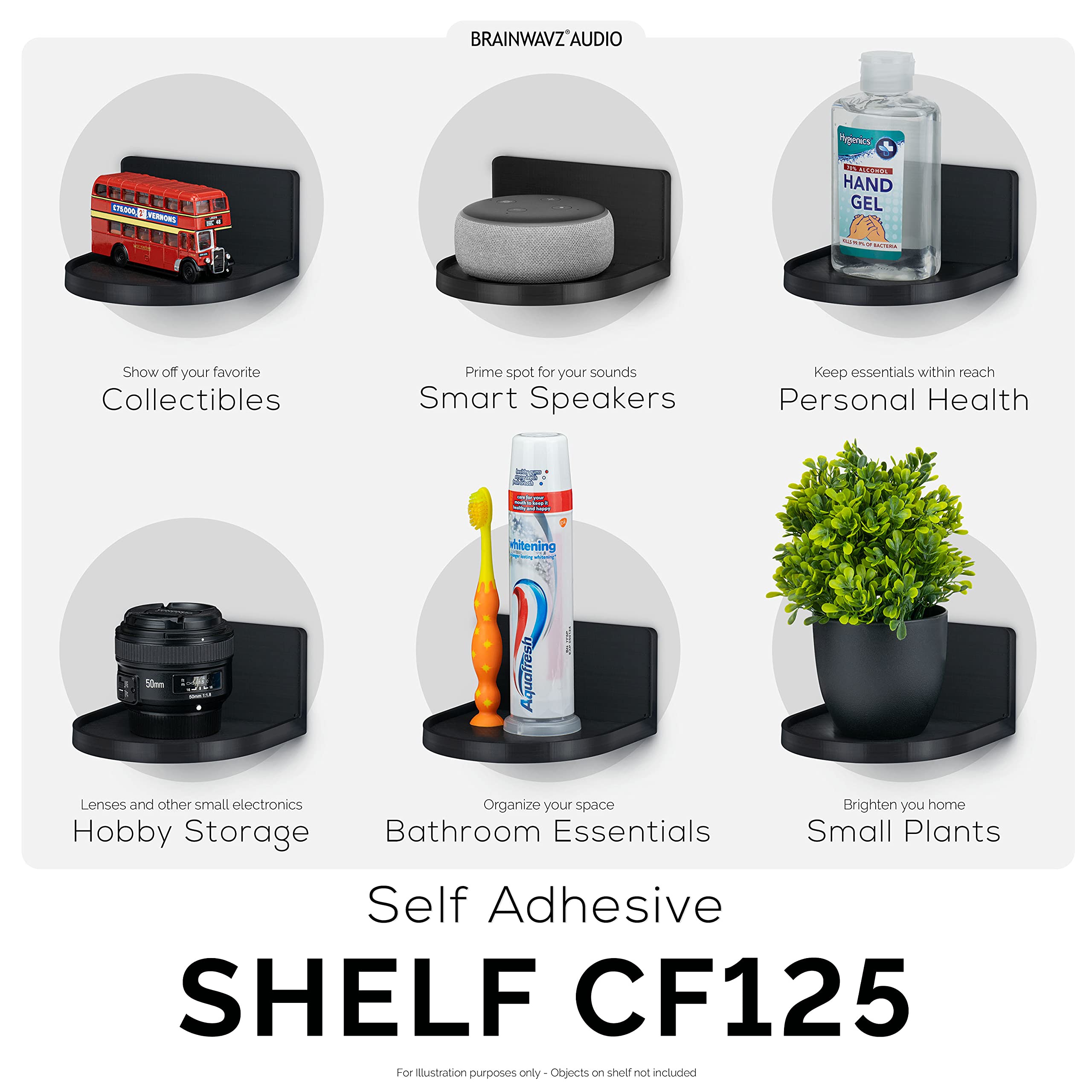 BRAINWAVZ Universal Screwless Round Floating Shelf Mount - Strong Adhesive for Security Cameras, Baby Monitors, Speakers, Plants & Toys - Easy to Install 4.6” x 4.2” (CF125) Black - Perfect for Home, Office & Nursery Organization