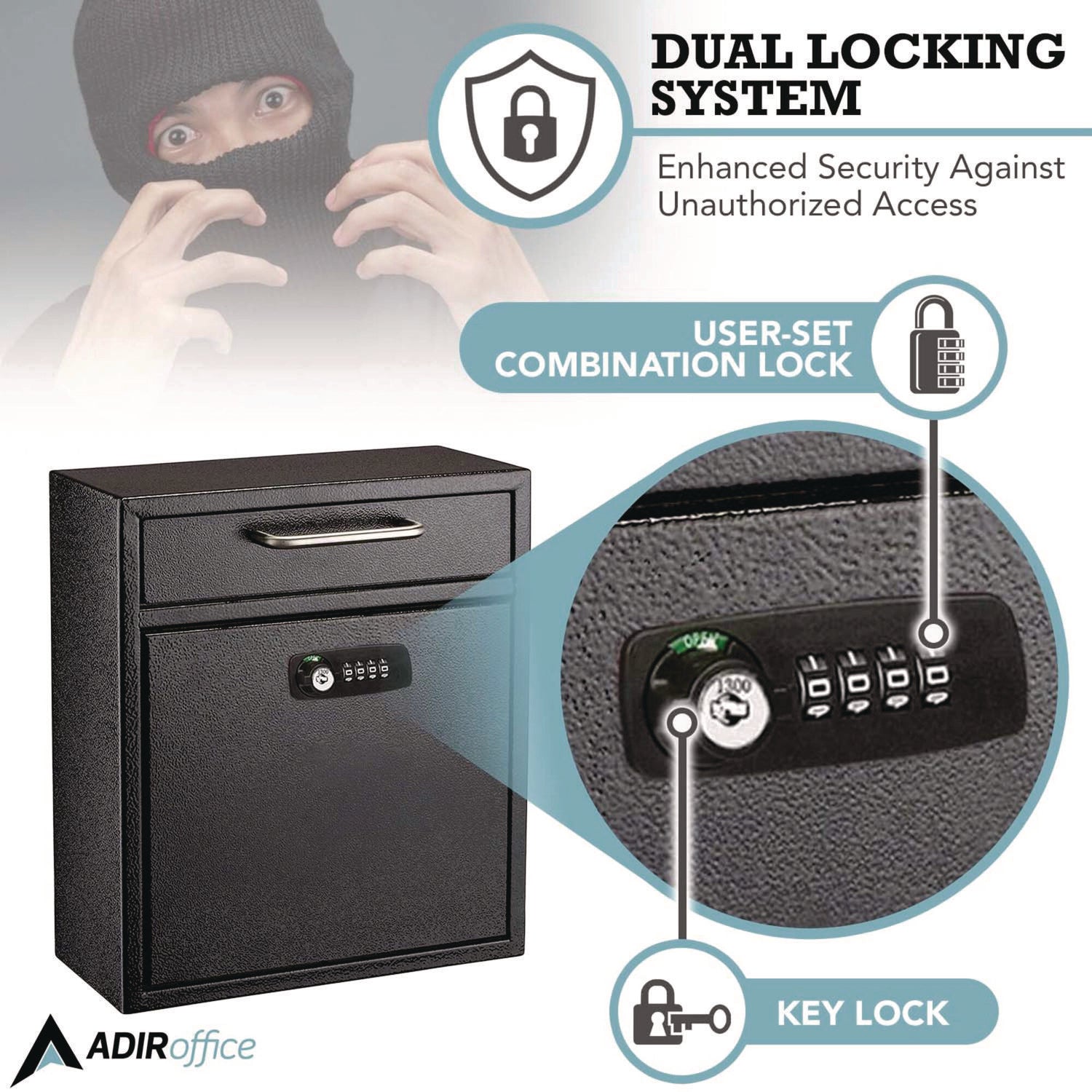 AdirOffice Medium Secure Drop Box - Wall Mounted Locking Mailbox with Key & Combination Lock (10.51 x 4.72 x 12 Inches, Black) - Perfect for Home, Office & Apartment Mail Security