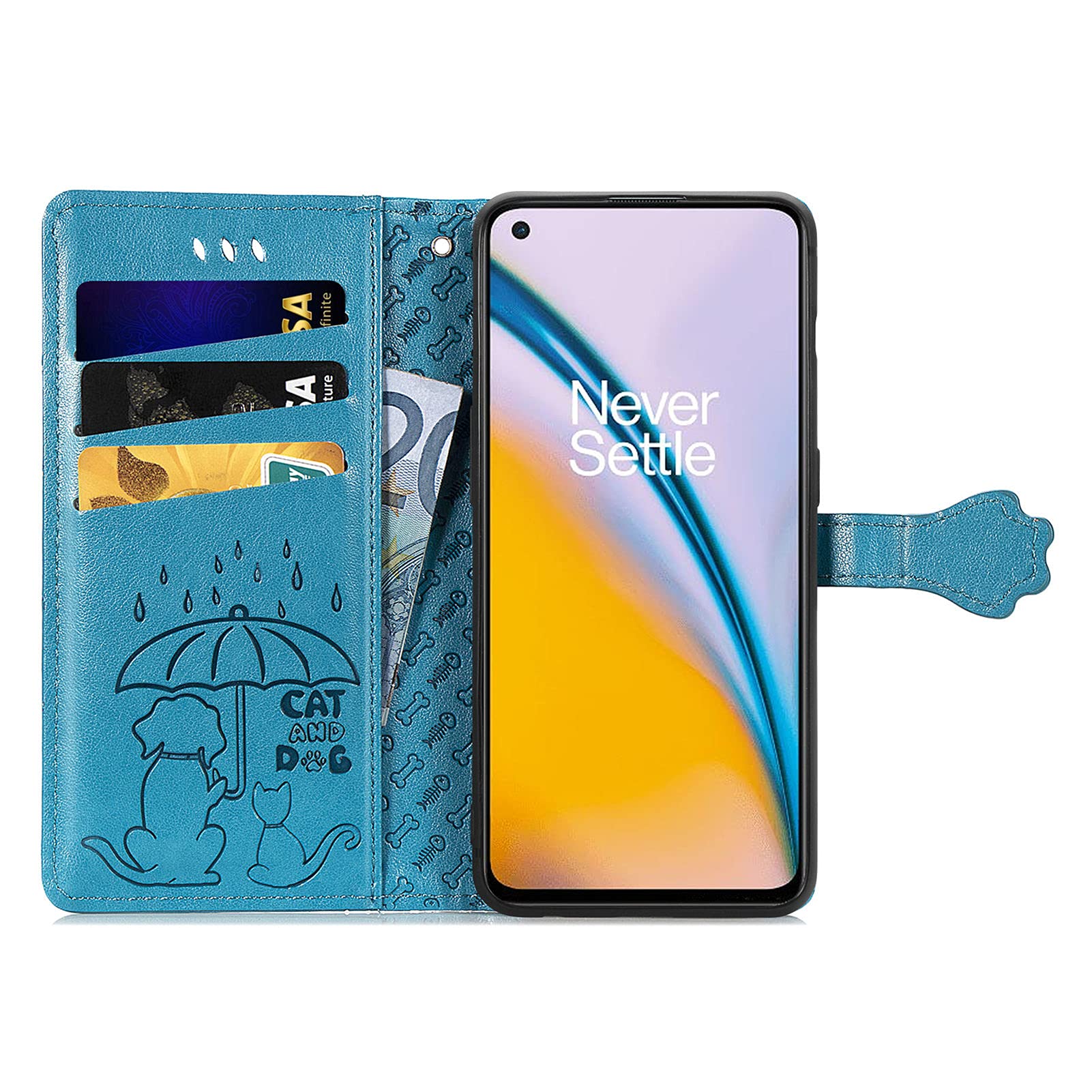 Cute Cartoon Wallet Case for OnePlus Nord 2 5G - Cat & Dog Style Flip Cover with ID Card Holder, PU Leather Phone Case (MG Blue) - Perfect for Daily Use, Travel & Work