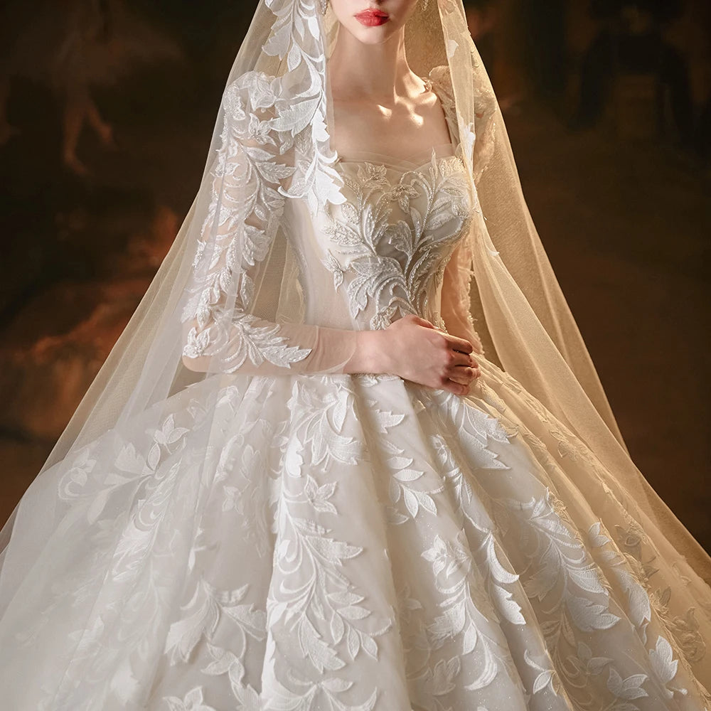 Elegant Princess Square Neck Full Sleeve Ball Gown Lace Up Wedding Dress - Perfect for Bridal Ceremonies, Formal Events & Fairy Tale Weddings