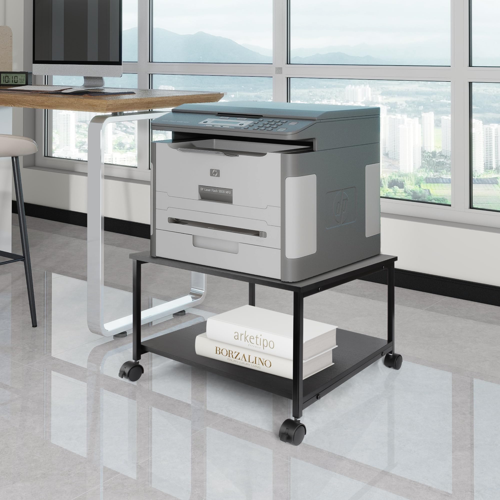 EMERIT 2-Tier Under Desk Printer Stand with Storage - 19.5x19.5x12.8 Inch Heavy Duty Rolling Cart, Mobile Printer Table with Lockable Wheels for Home Office Organization - Industrial Style Workspace Solution for Laser/Inkjet Printers, Scanners and Office Supplies