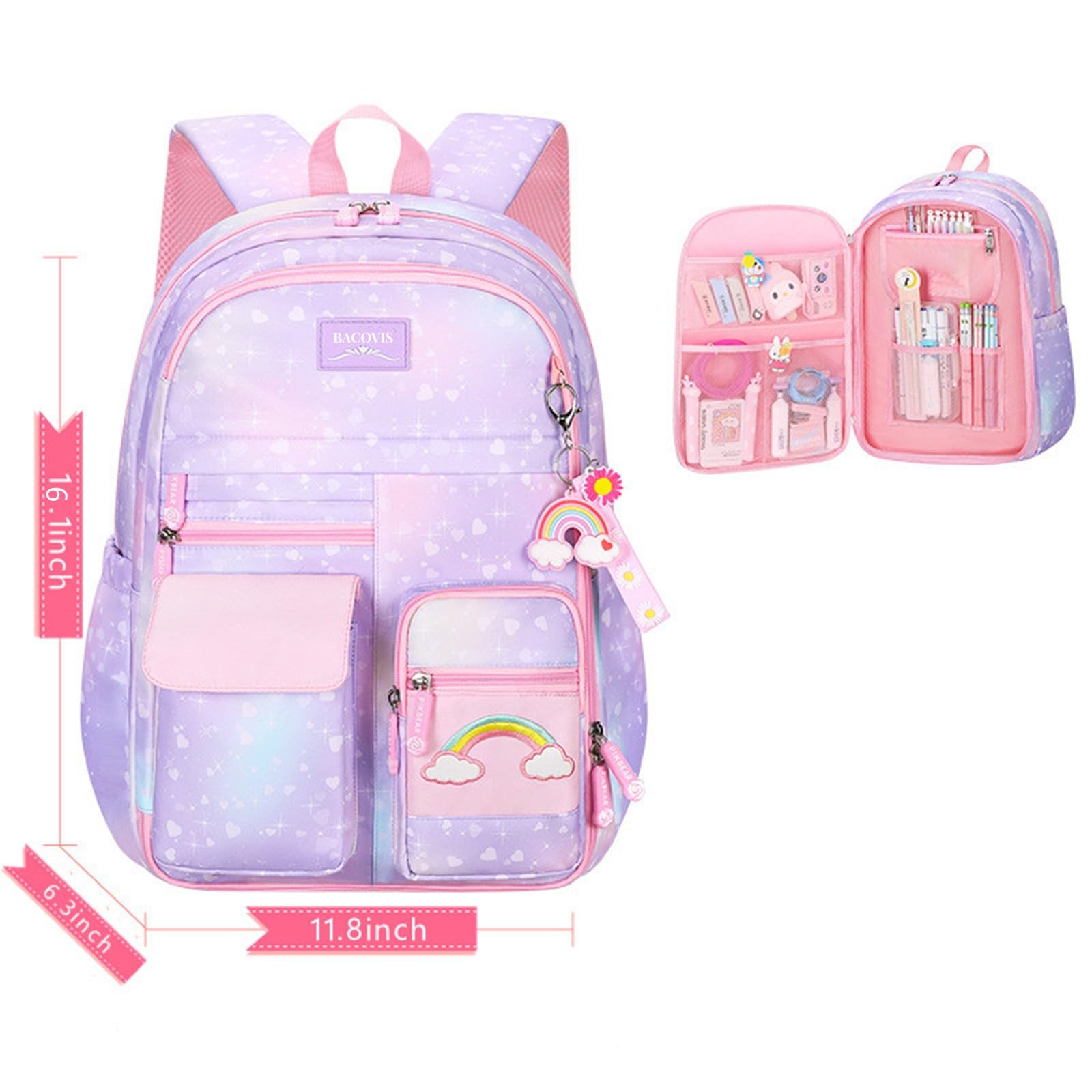 Girls School Backpack with Compartments - Purple for Elementary Students & Daily Use