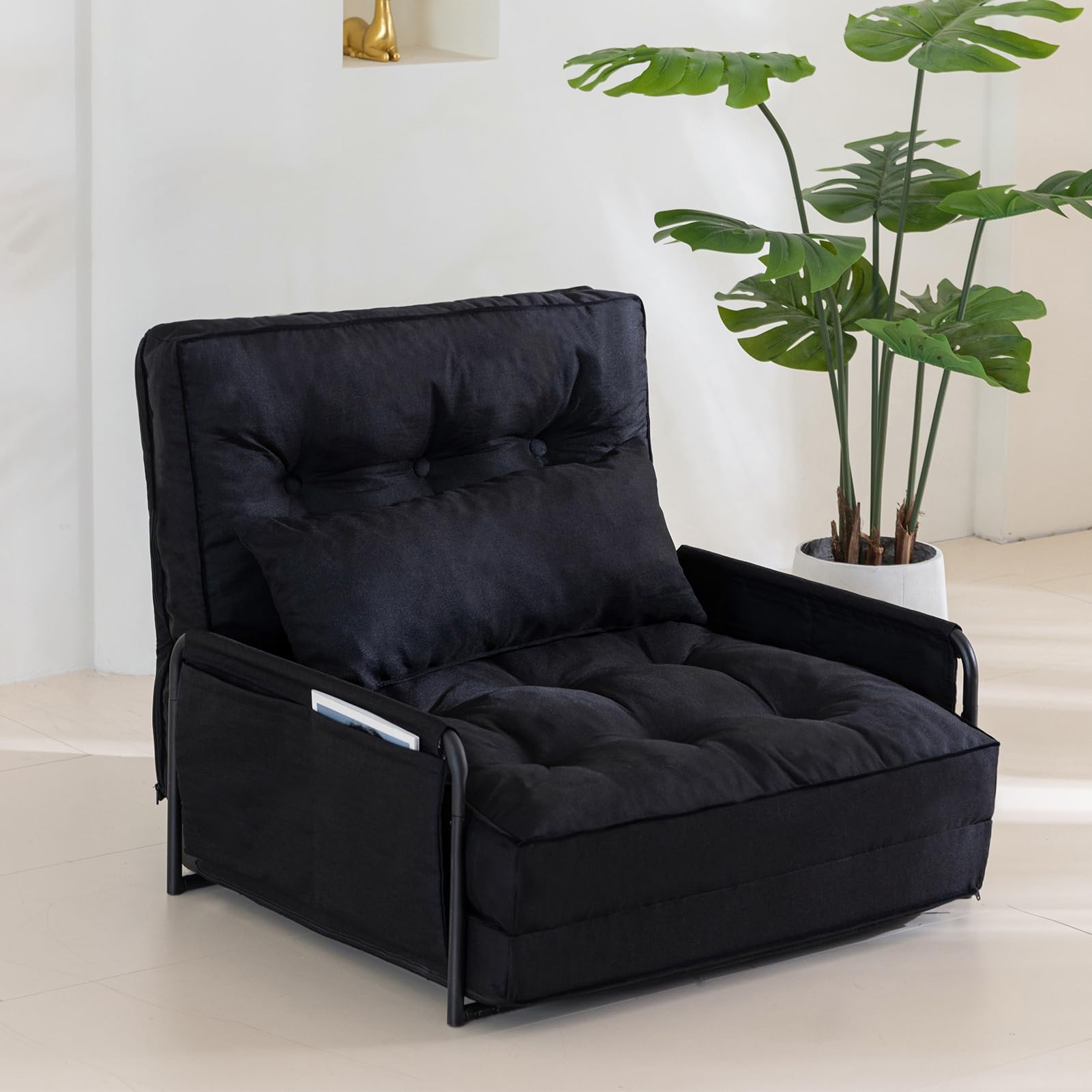 MAXYOYO Adjustable Floor Sofa Bed - Multi Functional Folding Couch Bed with Pillows for Living Room, Guest Room & Small Spaces - Single Size Black Futon for Lounge, Nap & Sleep