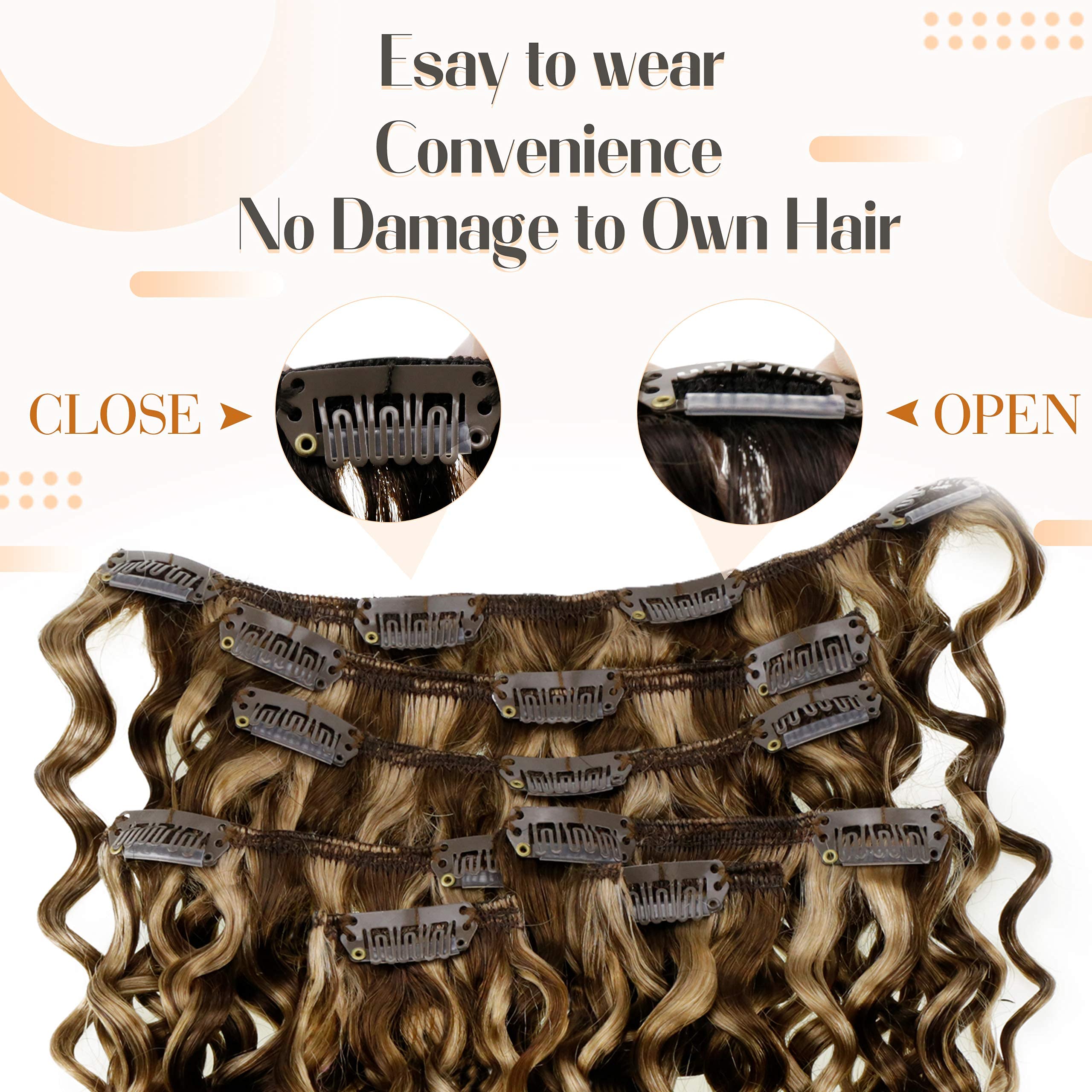 Hetto 14'' #4/27 Brown Highlights Blonde Human Hair Clip-In Extensions - Double Weft Thick Hairpieces for Curly & Straight Styles - Perfect for Parties, Weddings & Daily Styling