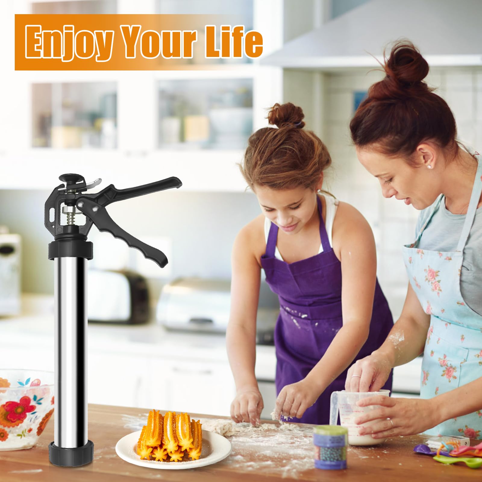 1+8PCS Stainless Steel Churro Maker Kit with 3 Flower Molds, 2 Cleaning Brushes, Piping Bag & Nozzles - Perfect for Home Baking, Party Snacks and Spanish Dessert Making
