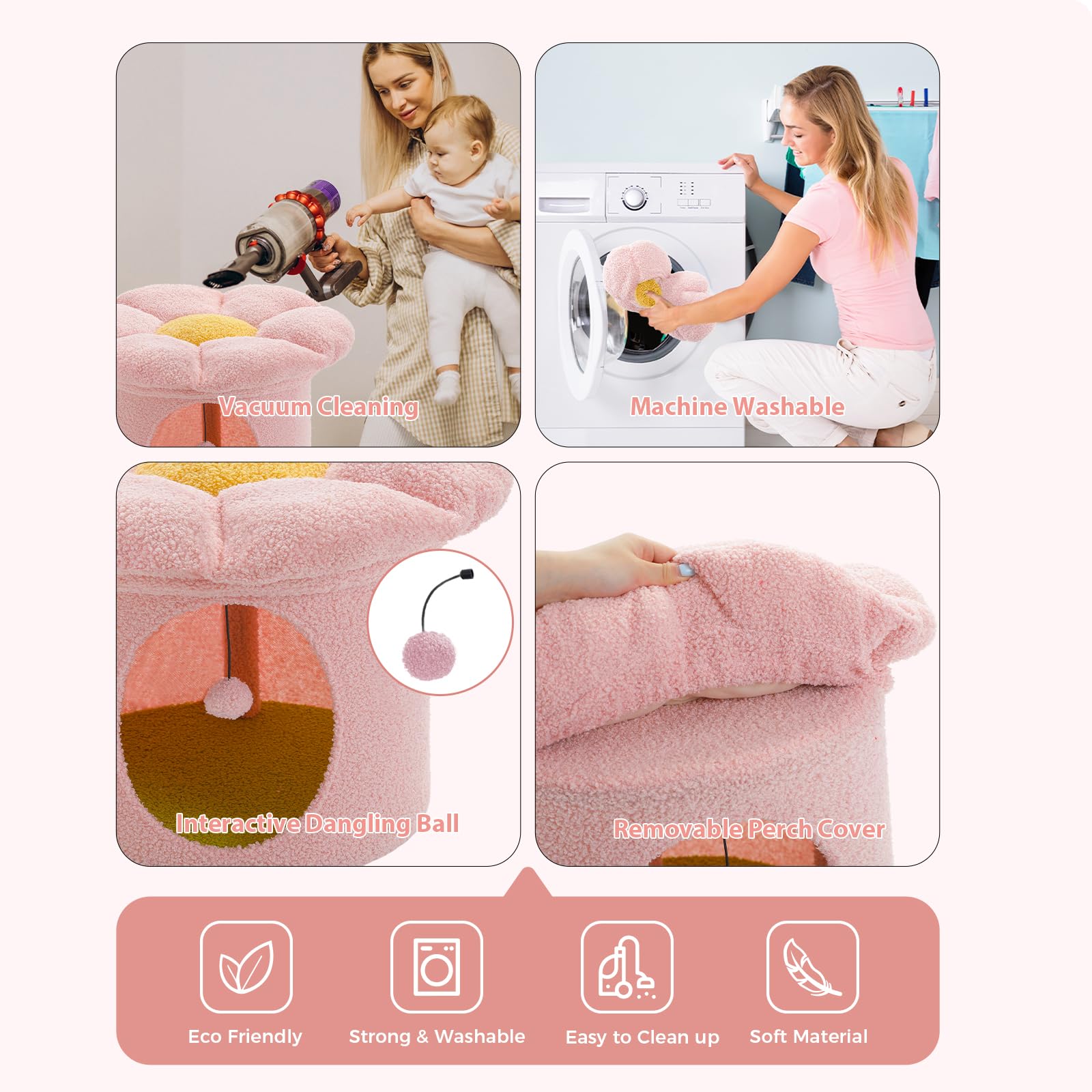 Cozy Pink Cat Bed for Indoor Cats - Small Pet Tree House with Removable Flower Design, 20x20x16 Inch Hideaway & Condo | Perfect for Napping, Playtime & Home Decor