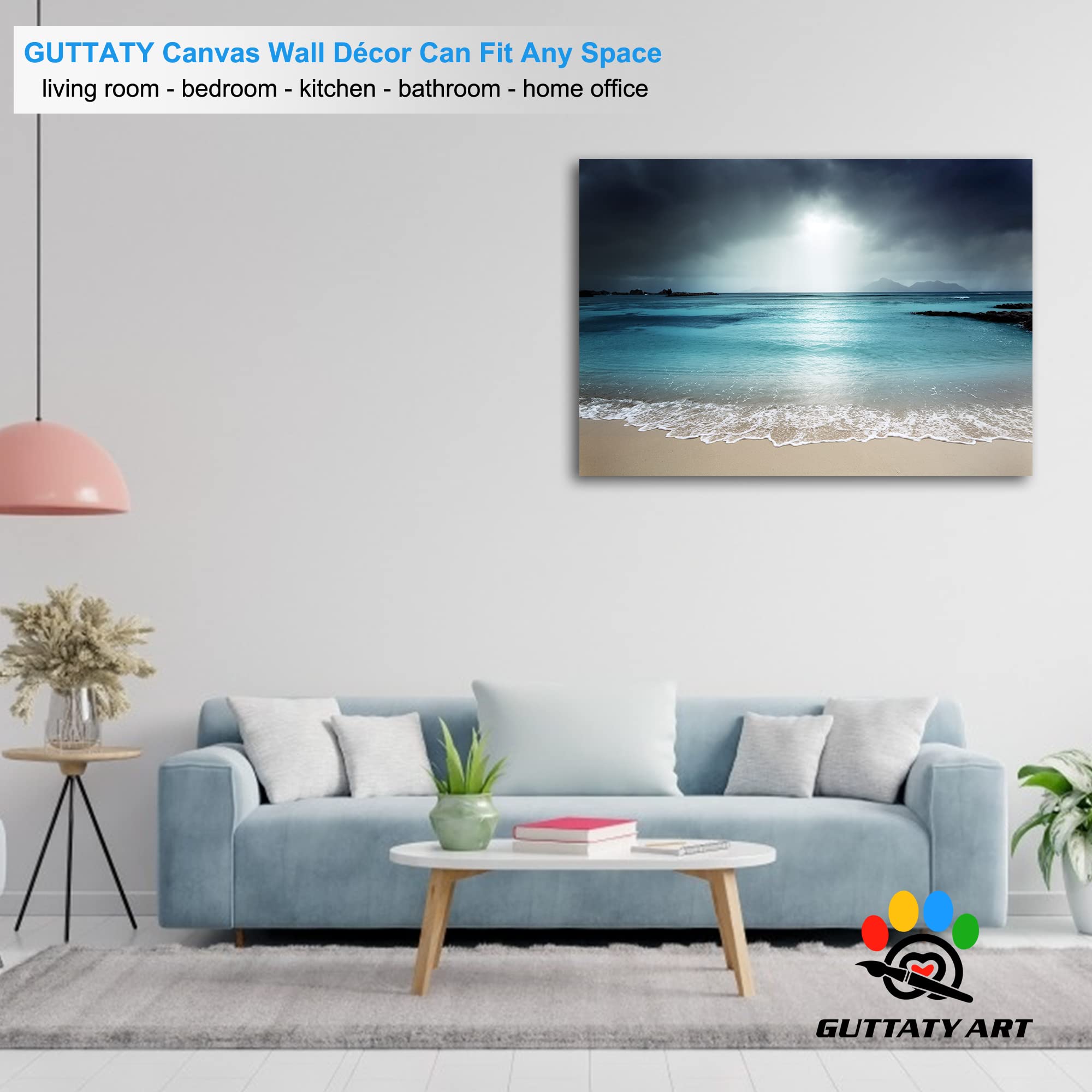 GUTTATY Large Moonlight and Beach Canvas Wall Art - Coastal Ocean Painting for Living Room Decor, Framed Seascape Canvas Print (28x40 Inches) - Perfect for Beach House, Bedroom, or Office Wall Decoration
