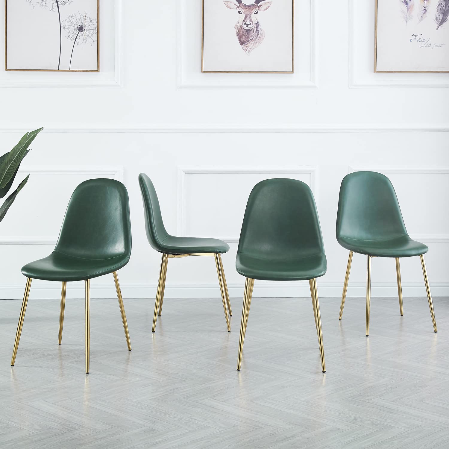 ROOIOME Mid Century Modern Dining Chairs Set of 4 - PU Upholstered Armless Kitchen Chairs with Golden Metal Legs - Green Living Room Chairs for Dining Table, Breakfast Nook & Home Office