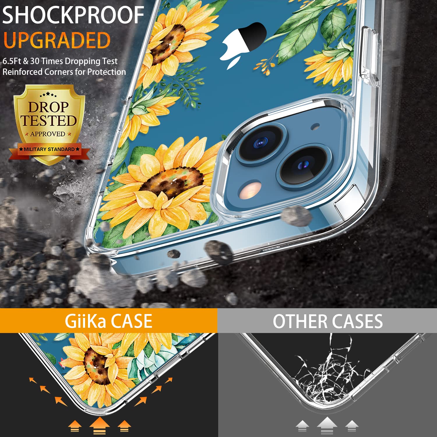 GiiKa iPhone 13 Mini Case with Screen Protector - 5.4 Inch Clear Shockproof Full Body Protective Case with TPU Bumper | Floral Design for Women & Girls | Yellow Sunflower Pattern | Perfect for Everyday Use, Travel & Outdoor Activities