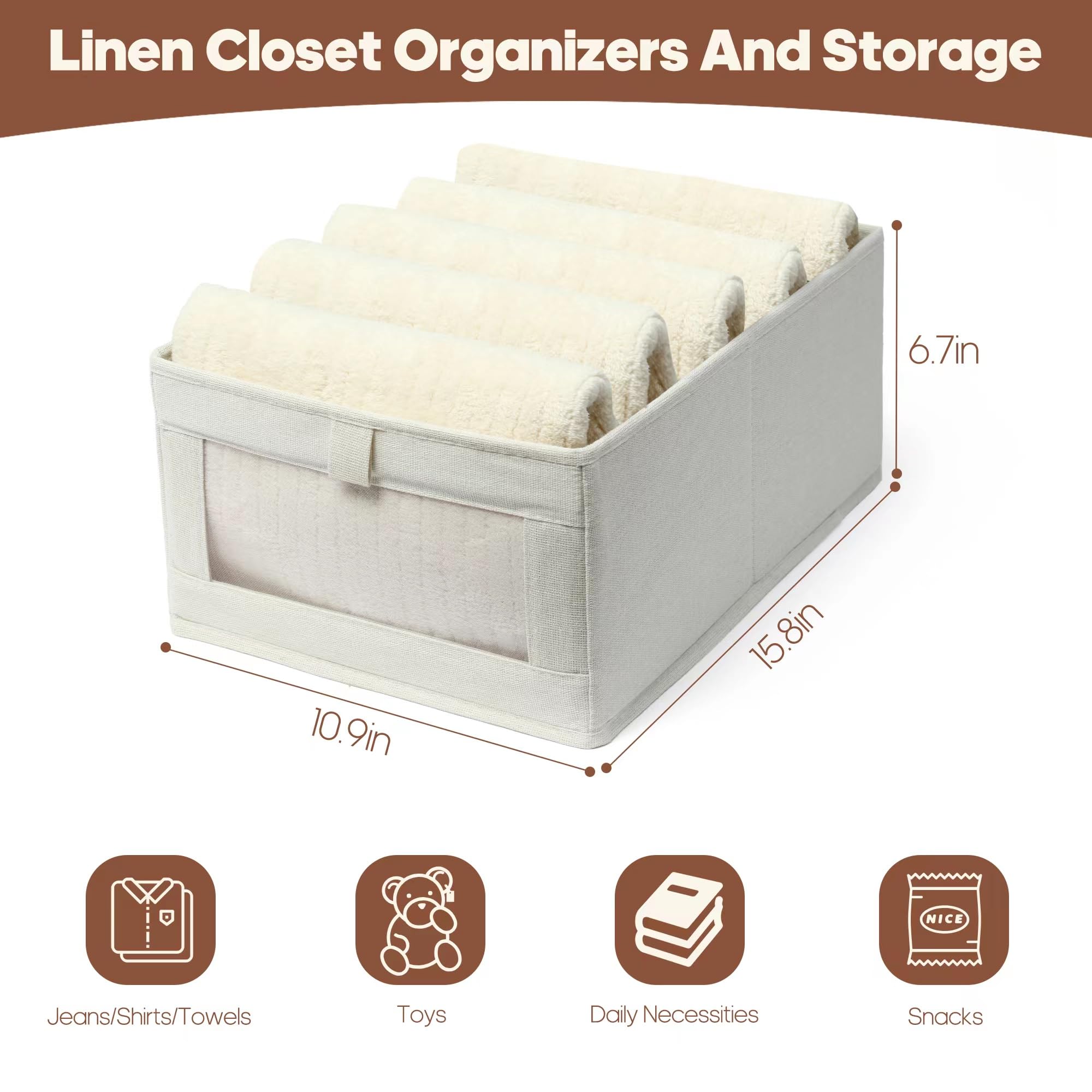 Foldable Linen Closet Organizer with Clear Window - 6 Pack Shelf Storage for Jeans, Shirts, Toys & Sheets | Perfect for Bedroom, Nursery & Laundry Room Organization