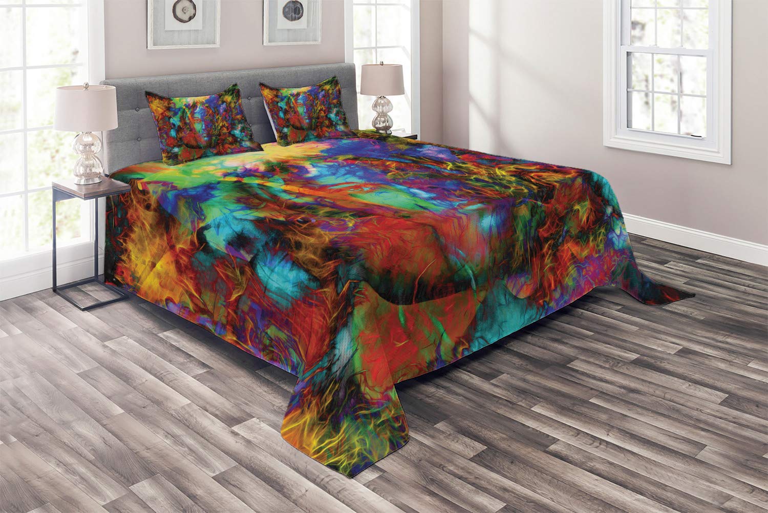 Ambesonne Psychedelic 3-Piece King Size Bedspread Set with Trippy Mysterious Woman Face, Butterflies & Vision Perspective Art - Vibrant Multicolor Decorative Bedding with 2 Pillow Shams for Bohemian & Hippie Style Bedrooms