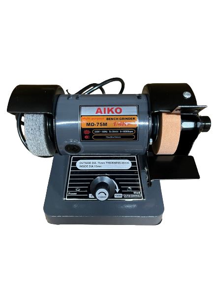 200W Mini Bench Grinder with 3 Grinding Wheels - Aiko BG MD75M for Metal Polishing, Sharpening & DIY Projects