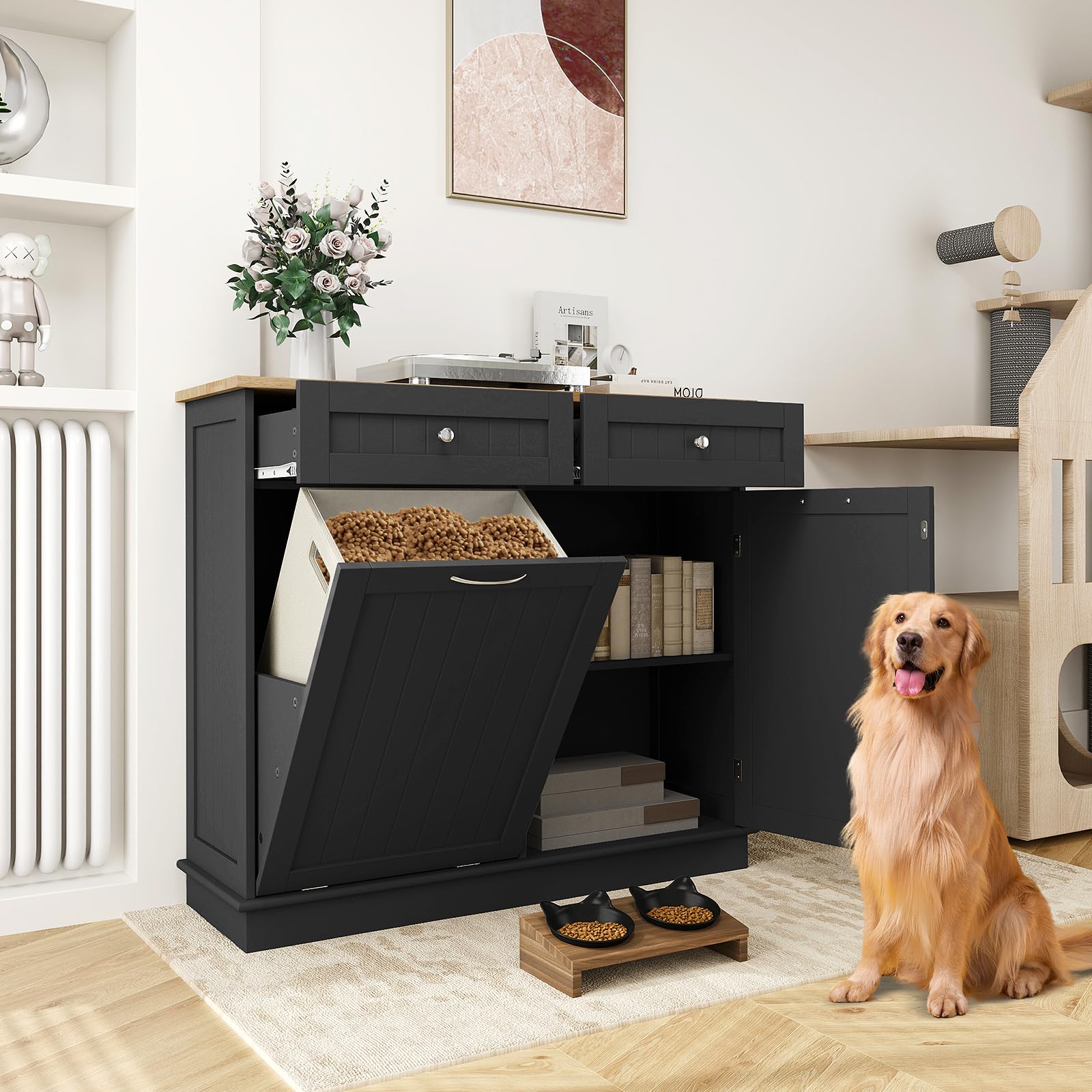 Freestanding Tilt-Out Trash Cabinet with 2 Drawers & Adjustable Shelf - Rubber Wood Countertop Kitchen Island Organizer, Laundry Hamper & Pet-Proof Recycle Bin Holder (Black) - Perfect for Small Kitchens, Laundry Rooms & Pet-Friendly Homes