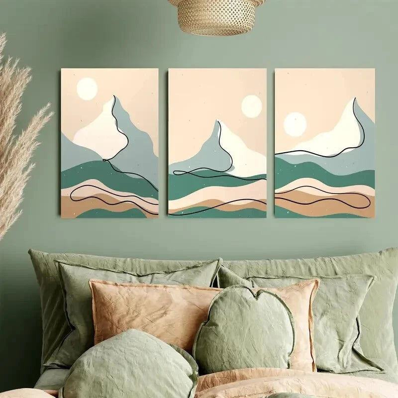3-Piece Abstract Beige and Green Mountain Metal Wall Art - Ready to Hang Modern Home Decor for Living Room, Bedroom & Office