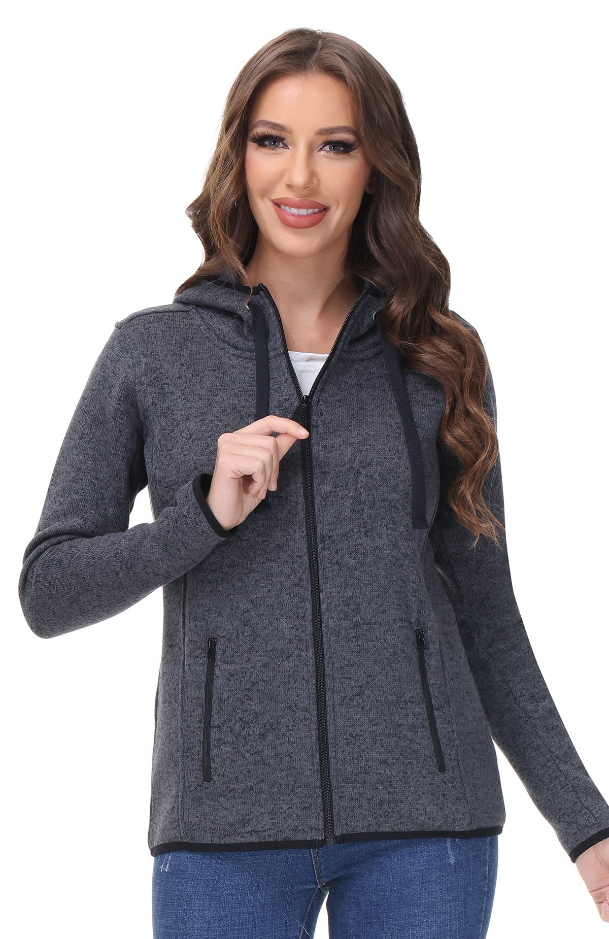 Women's Fleece-Lined Zip Up Sweater Jacket - Warm Knitted Cardigan with Pockets | Cozy Winter Outerwear for Casual Wear & Outdoor Activities
