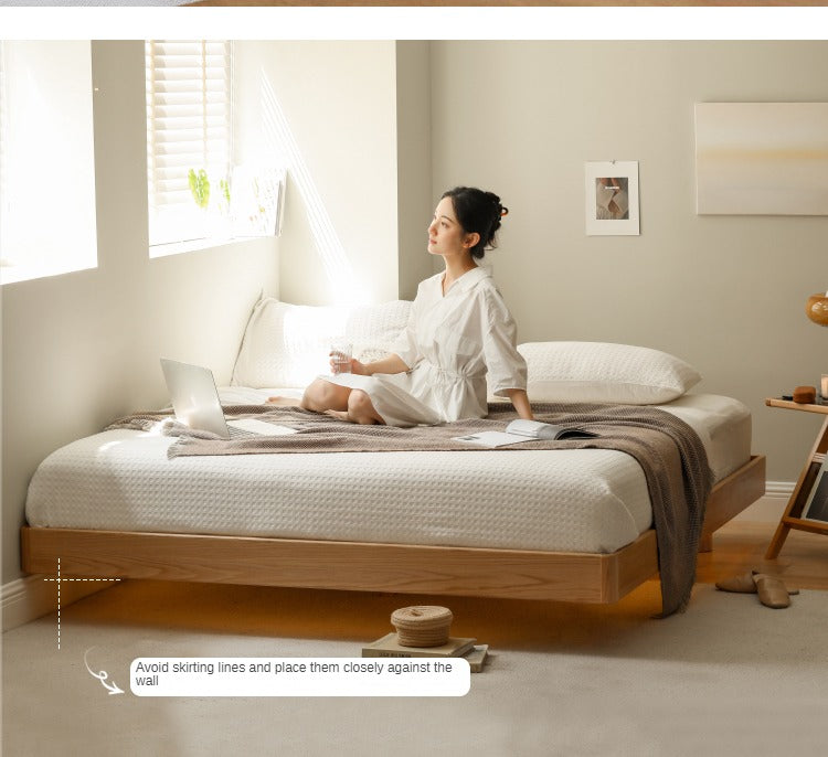 Solid Oak Wood Floating Platform Bed - No Headboard Modern Minimalist Bed Frame with LED Lights for Bedroom, Guest Room, or Studio Apartment