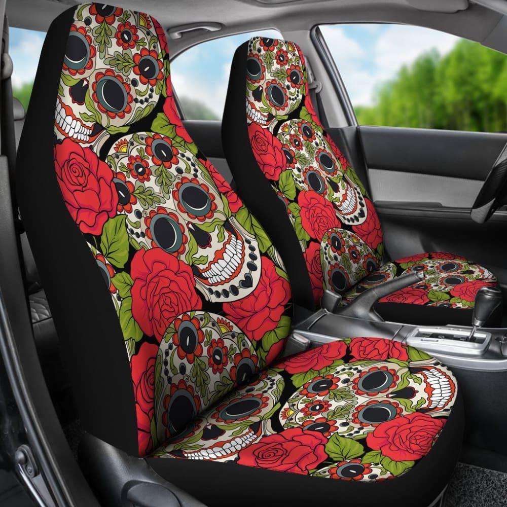 2 Pcs Rose Floral Sugar Skull Car Seat Covers - Soft & Stylish Protection for Front Seats - Perfect for Halloween, Dia de Los Muertos, and Gothic Car Decor
