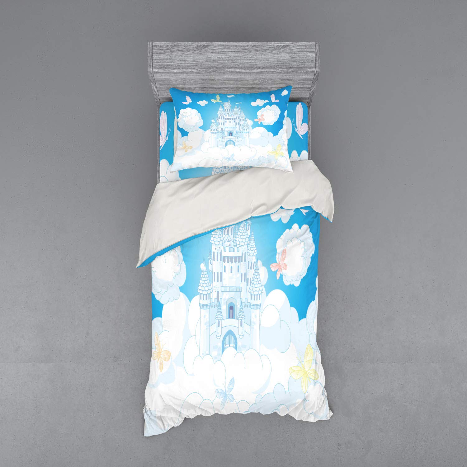 Ambesonne Fairy Tale Castle Bedding Set - 3 Piece Duvet Cover with Pillow Sham & Fitted Sheet, Twin Size, White & Sky Blue Cloud Butterfly Print - Perfect for Kids' Rooms, Fantasy Themed Bedrooms & Gift Giving