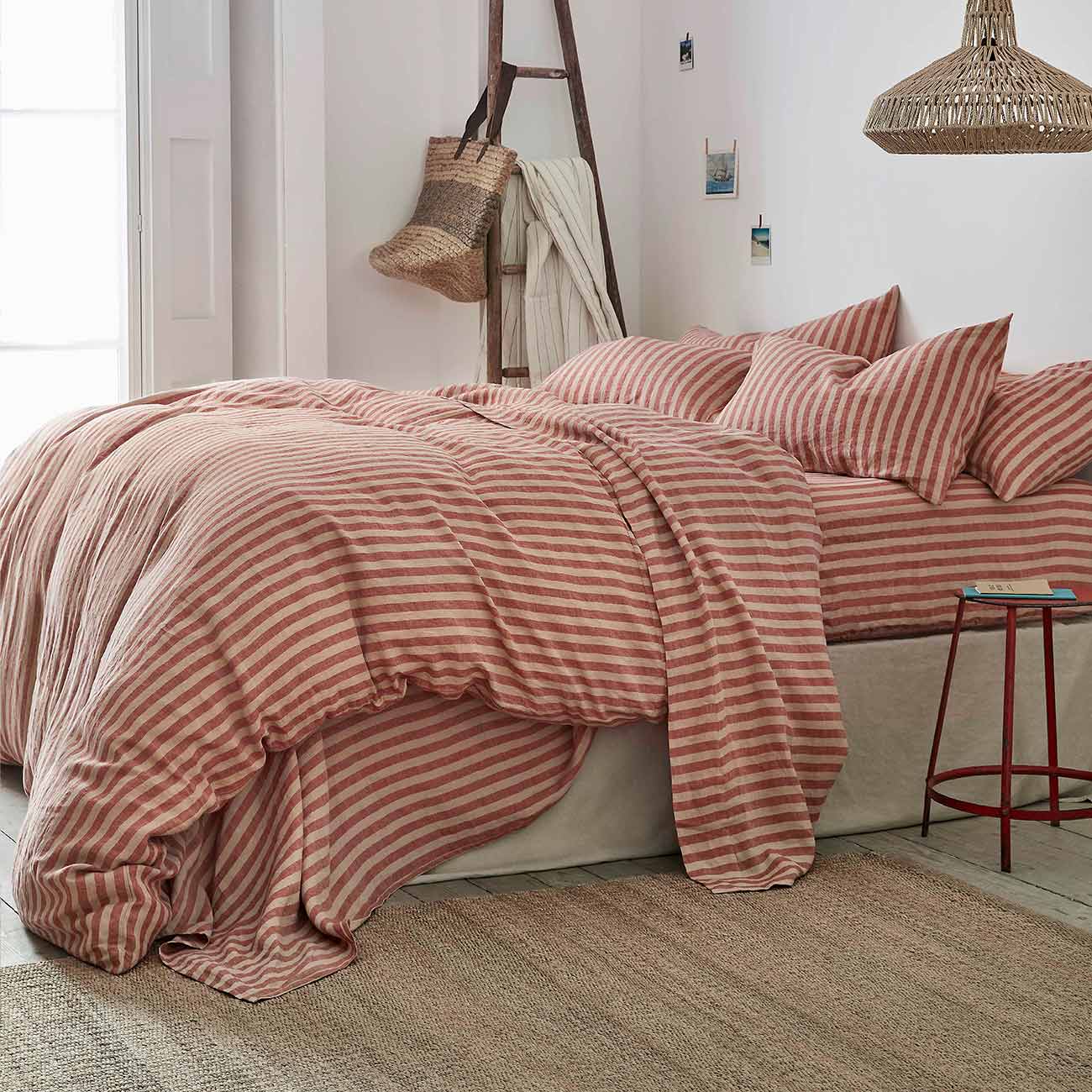 Premium 100% Linen Duvet Cover - Sandstone Red Pembroke Stripe - Breathable & Soft Bedding Set for All Seasons - Perfect for Master Bedroom, Guest Room & Vacation Homes