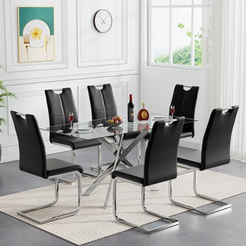 Silver Table With 6 Black Silver Chairs