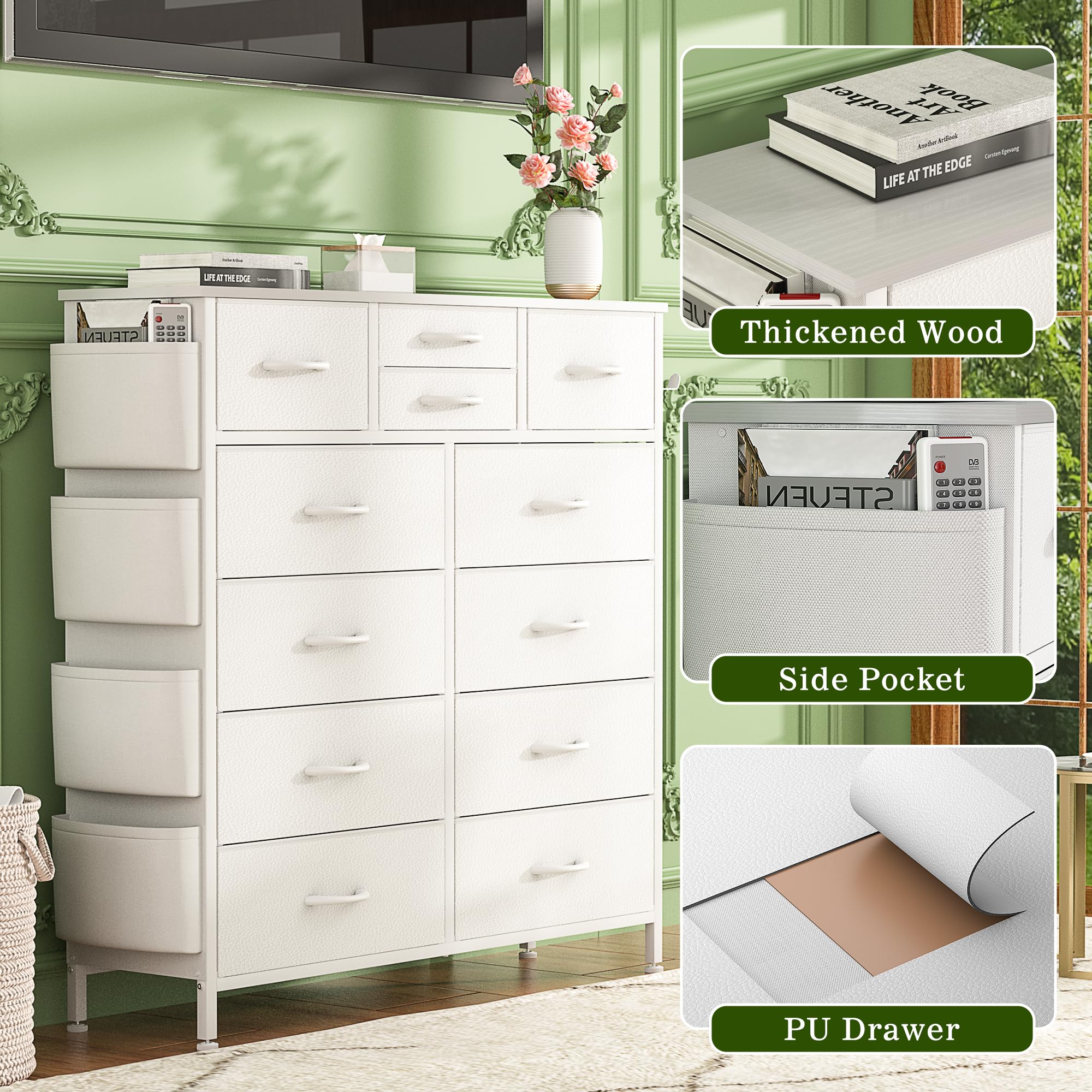 Lulive 12-Drawer Tall Dresser for Bedroom - Fabric Storage Tower with Side Pockets & Hooks - White Chest of Drawers for Closet Organization, Hallway Storage & Living Room Decor