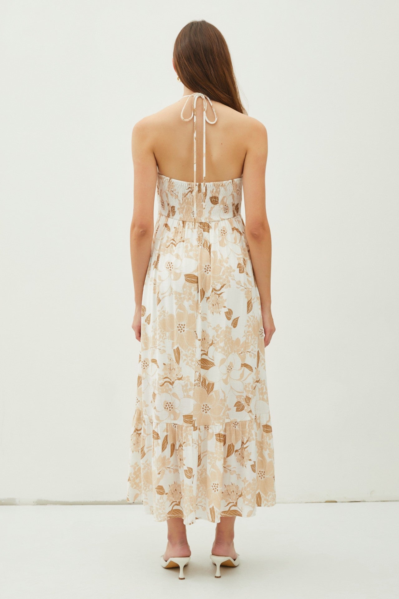 Beige Floral Ruched Front Halter Midi Dress for Women - Summer Beach Wedding Party Outfit