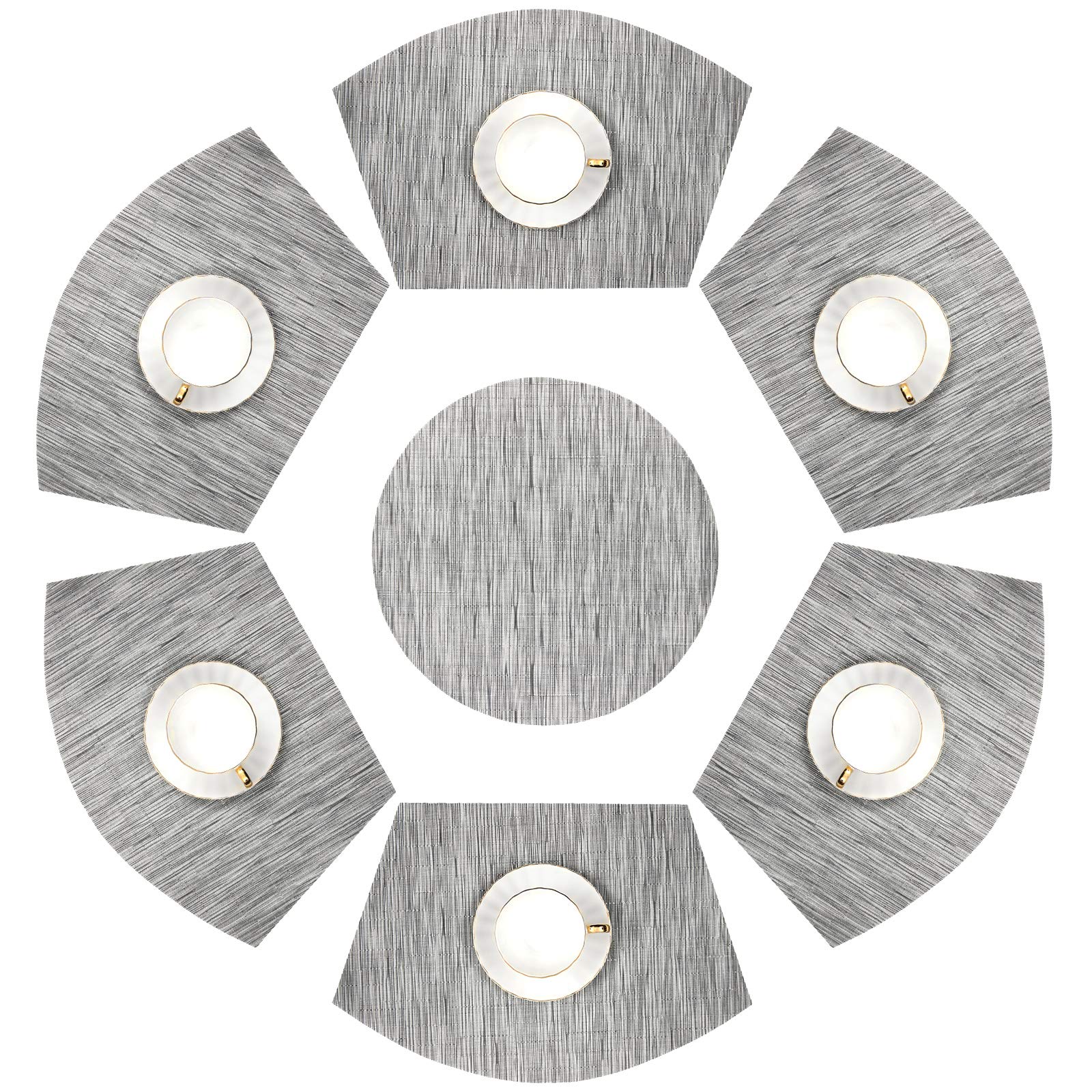 SHACOS 7-Piece Round PVC Woven Table Placemats Set with Wedge Design & Centerpiece - Washable, Silver Grey - Perfect for Dining Room, Kitchen, and Party Decor