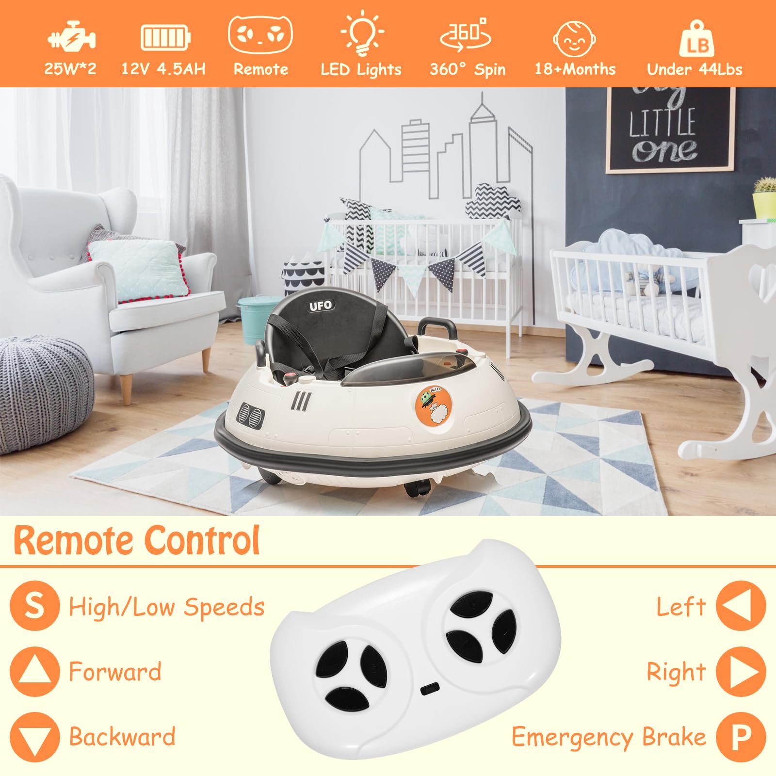 12V Electric Ride-On Bumper Car for Toddlers & Kids - Remote Control, 360° Spin, 3 Speed Modes, LED Lights, Dual Joysticks & Safety Belt - Perfect for Indoor/Outdoor Play (18+ Months, White)