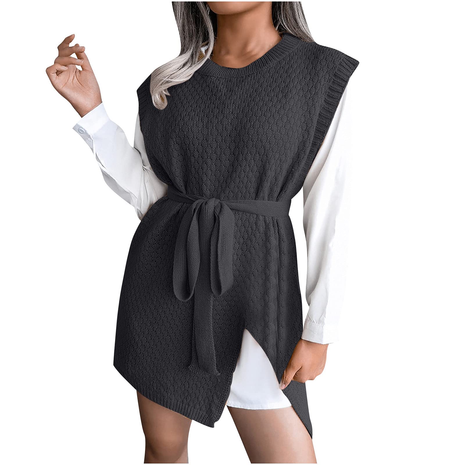 Women's Fashion Crewneck Sleeveless Knit Sweater Dress - Waffle Knit Midi Tunic Top with Belt - Casual Office Wear & Fall Layering Outfit