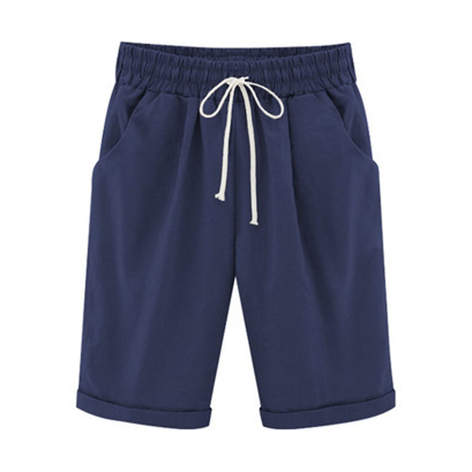 Women's Linen Bermuda Shorts - Elastic Waist, Pockets for Summer & Workout