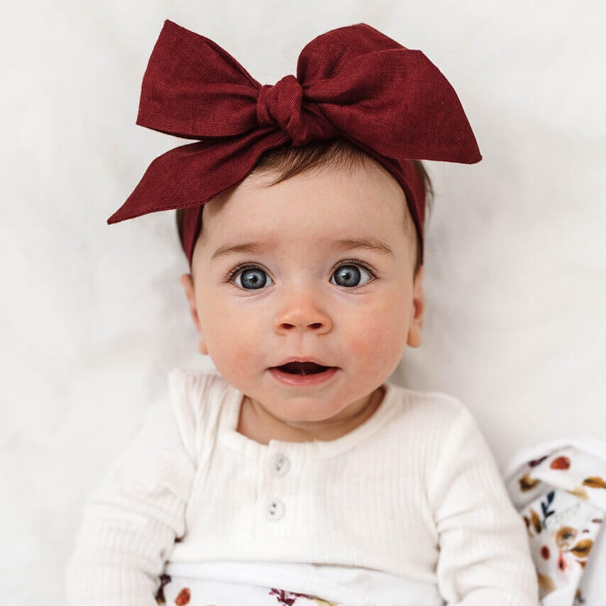 Snuggle Hunny Linen Bow Pre-Tied Headband for Women - Burgundy Red Hair Accessory for Wedding, Party & Everyday Wear