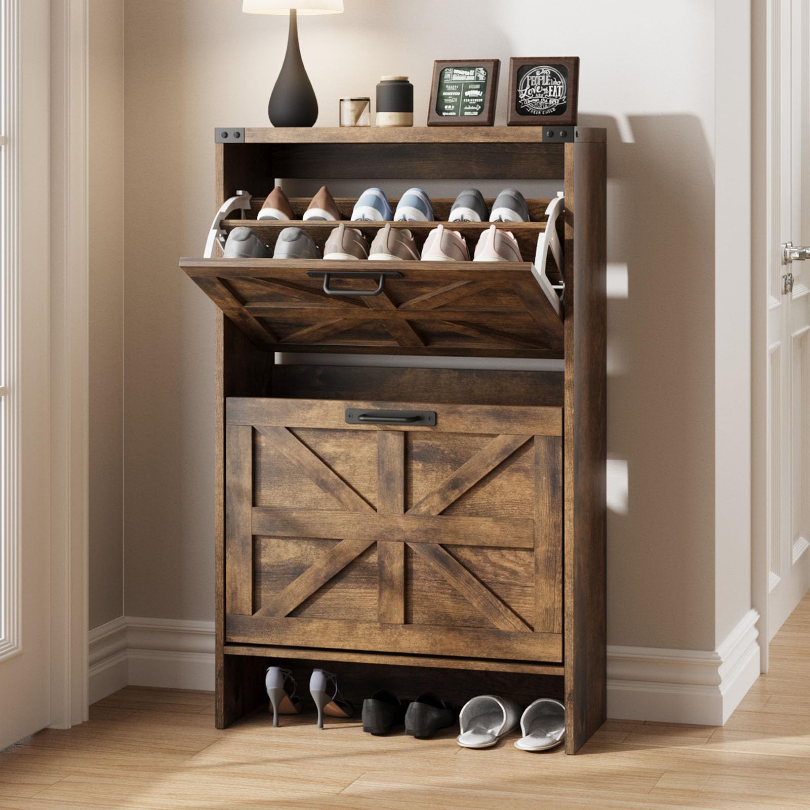 Farmhouse Style Slim Shoe Cabinet with 2 Flip-Up Drawers - Narrow Entryway Storage Organizer for Hidden Shoes - Brown Wooden Shoe Rack - Perfect for Small Spaces, Hallways, and Closet Organization