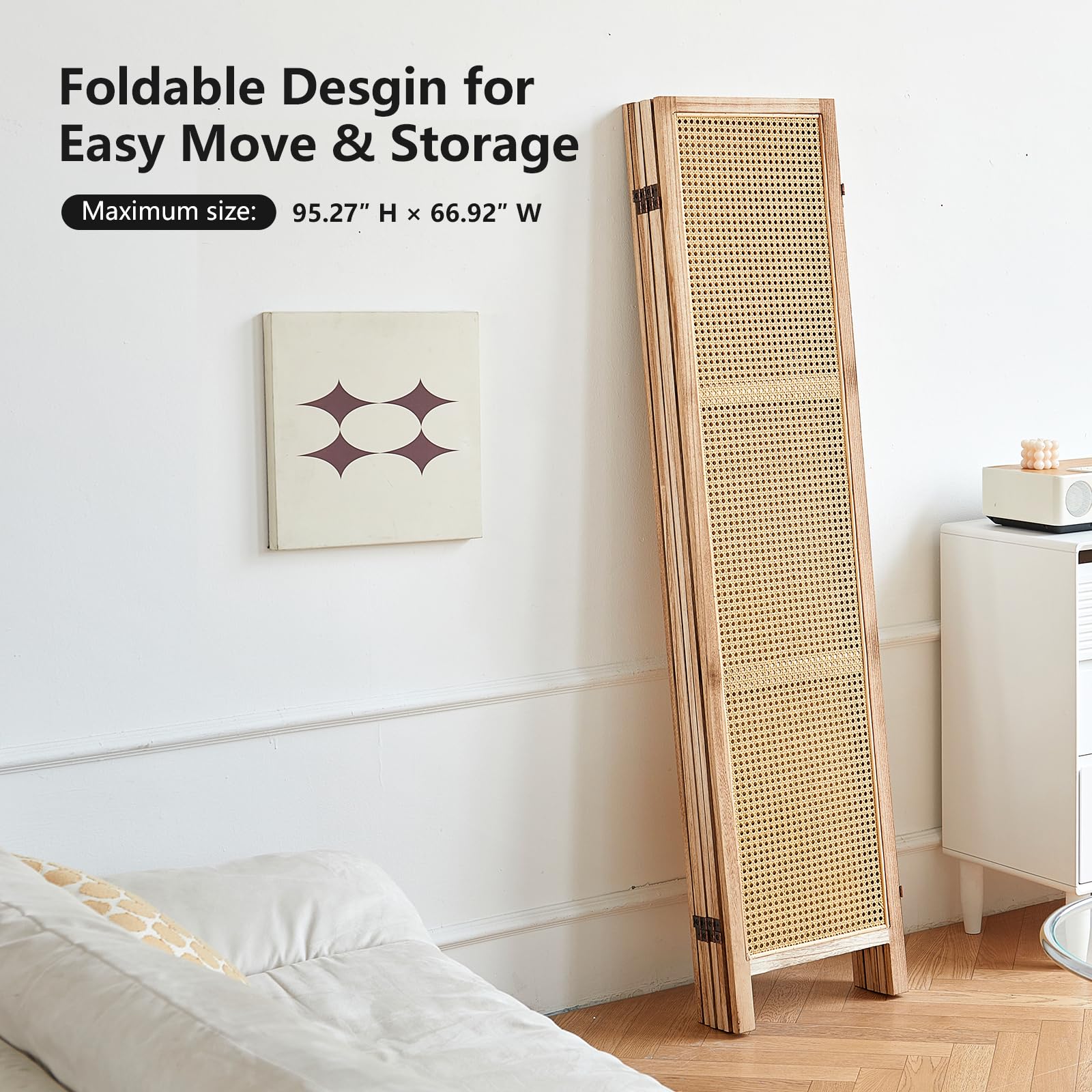 6 Panel Rattan Room Divider Screen - 5.6 Ft Tall Foldable Wooden Partition Wall - Freestanding Privacy Screen for Home, Office & Bedroom - Natural Woven Design - Perfect for Room Separation, Zen Decor & Space Division