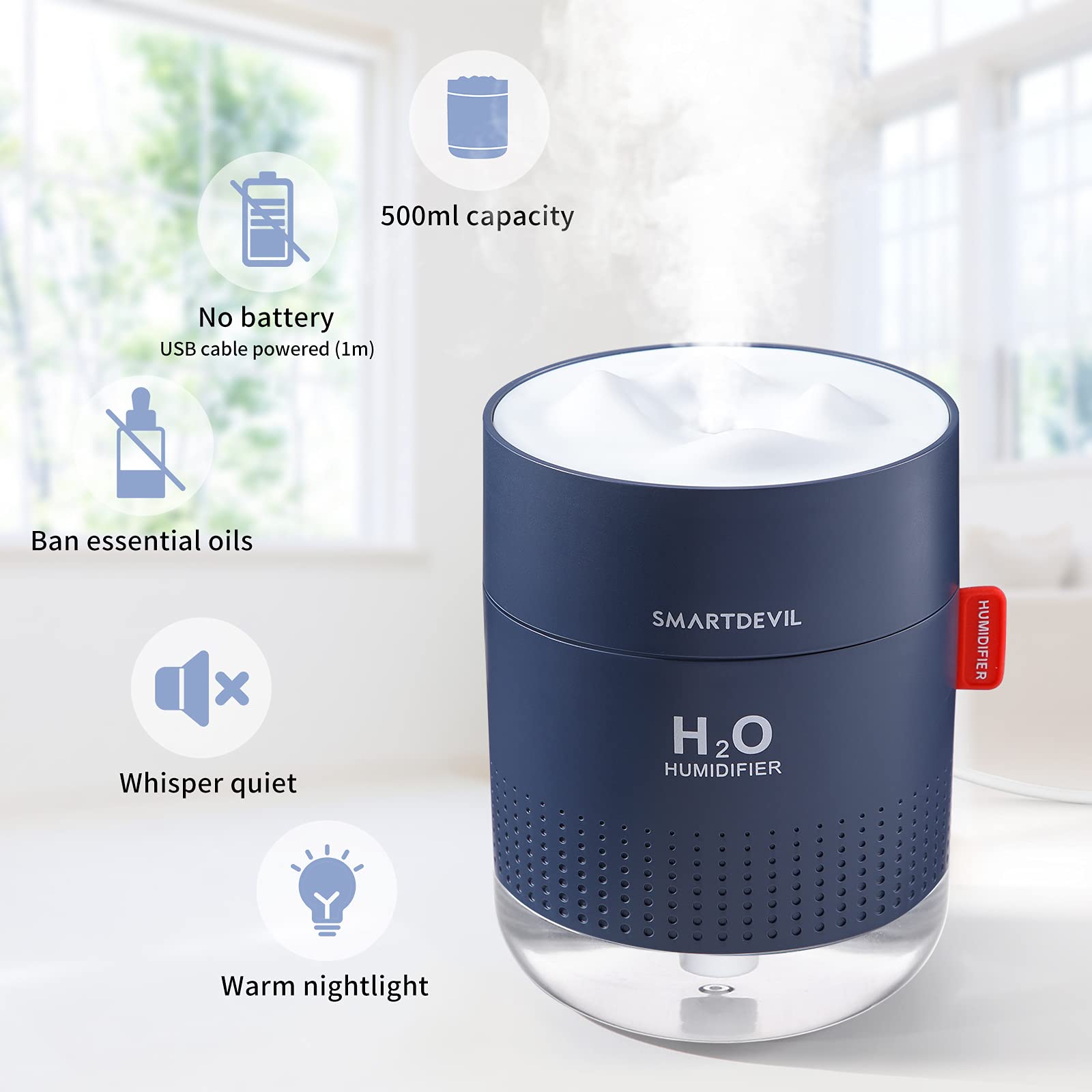 SmartDevil 500ml Small Humidifier for Bedroom - Ultra Quiet Cool Mist Humidifier with Night Light & Auto Shut-Off - 2 Spray Modes for Baby Nursery, Office & Home Use (Dark Blue) - Perfect for Dry Air Relief & Better Sleep