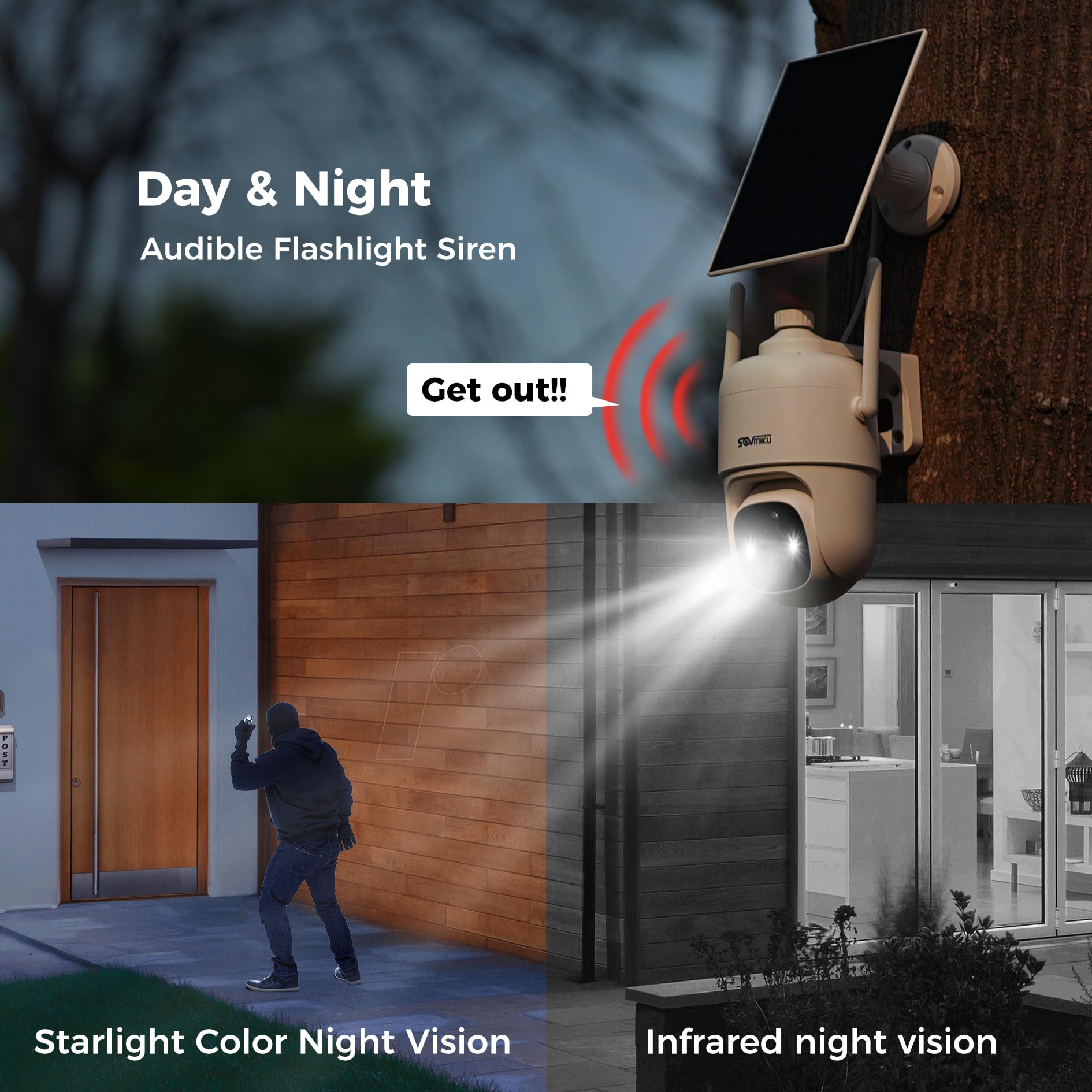 SOVMIKU 2CQ1 AI 2K Solar Wireless Outdoor Security Camera - Battery Powered, Two-Way Audio, Motion Detection, 360° View, Color Night Vision, Easy Setup, Weatherproof - Ideal for Home, Garage & Backyard Surveillance