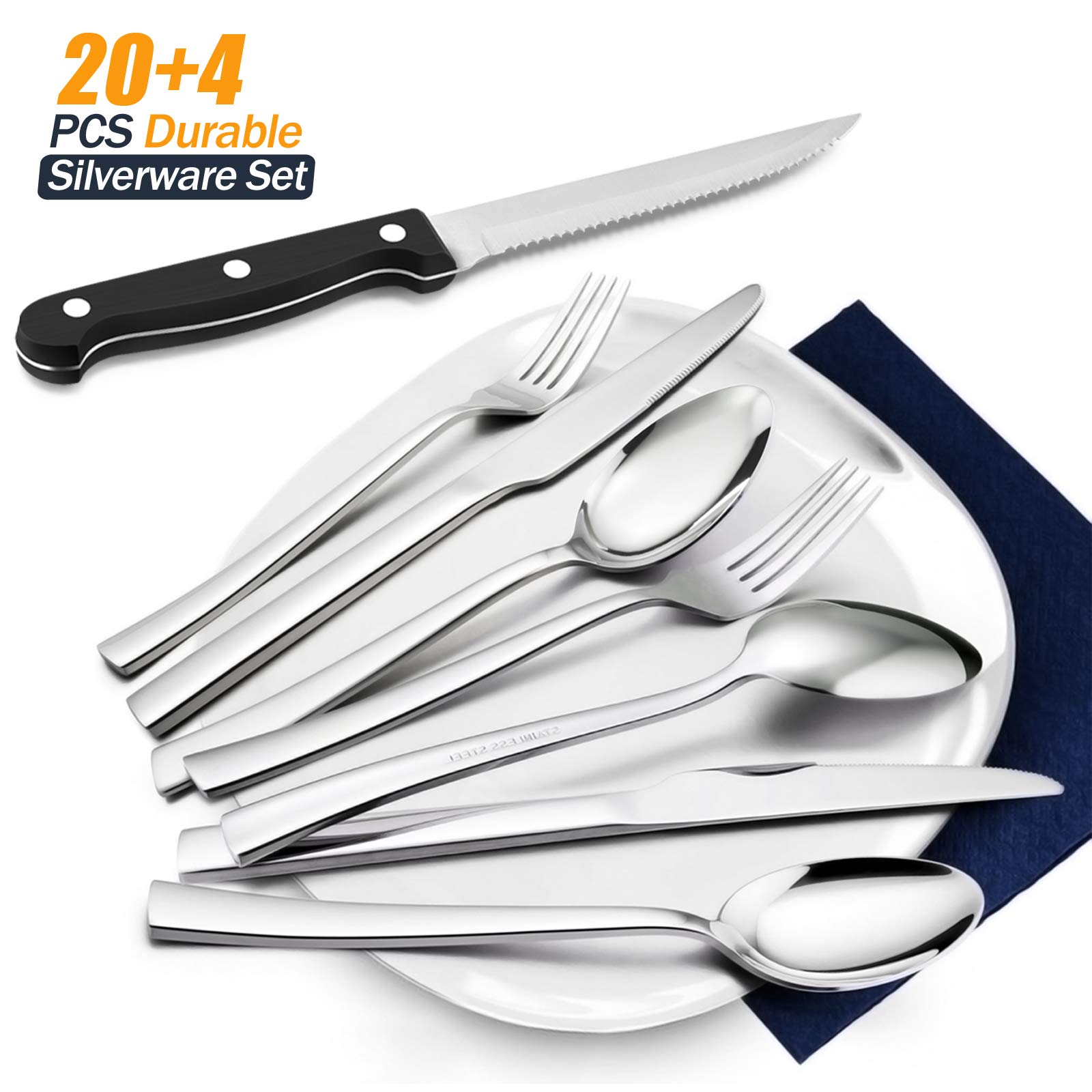 Premium 24-Piece Stainless Steel Flatware Set with Steak Knives - Mirror Polished, Dishwasher Safe Silverware for Everyday Dining & Special Occasions - Modern Elegant Cutlery for Restaurants, Dinner Parties & Home Use