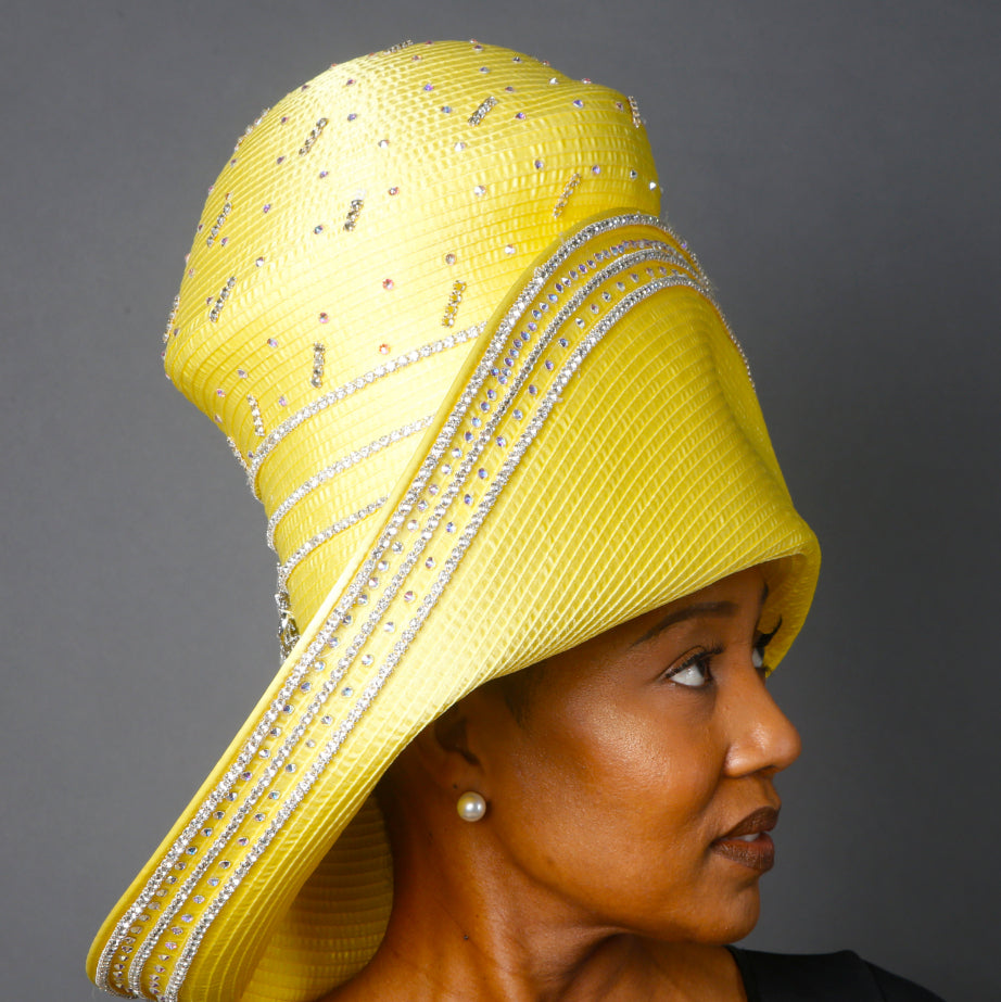 OE0017 Yellow Glamour Satin Ladies Dress Hat with Rhinestones - Elegant Women's Fashion Accessory for Weddings, Parties & Special Occasions