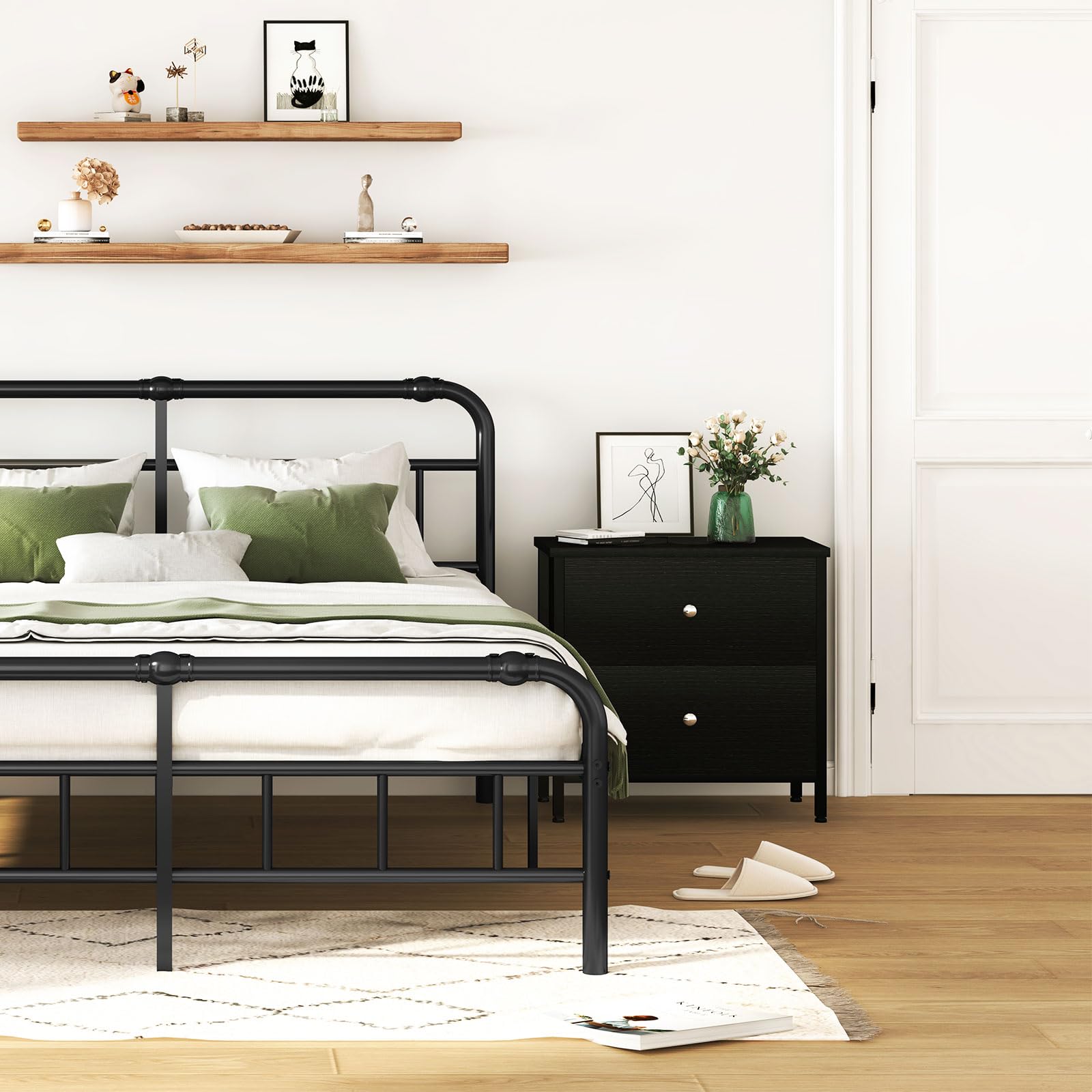 BOLUO Modern Black Nightstands Set of 2 - 2 Drawer Bedside Tables with Fabric Storage for Bedroom, Living Room | Space-Saving End Tables for Small Spaces & Apartment Decor