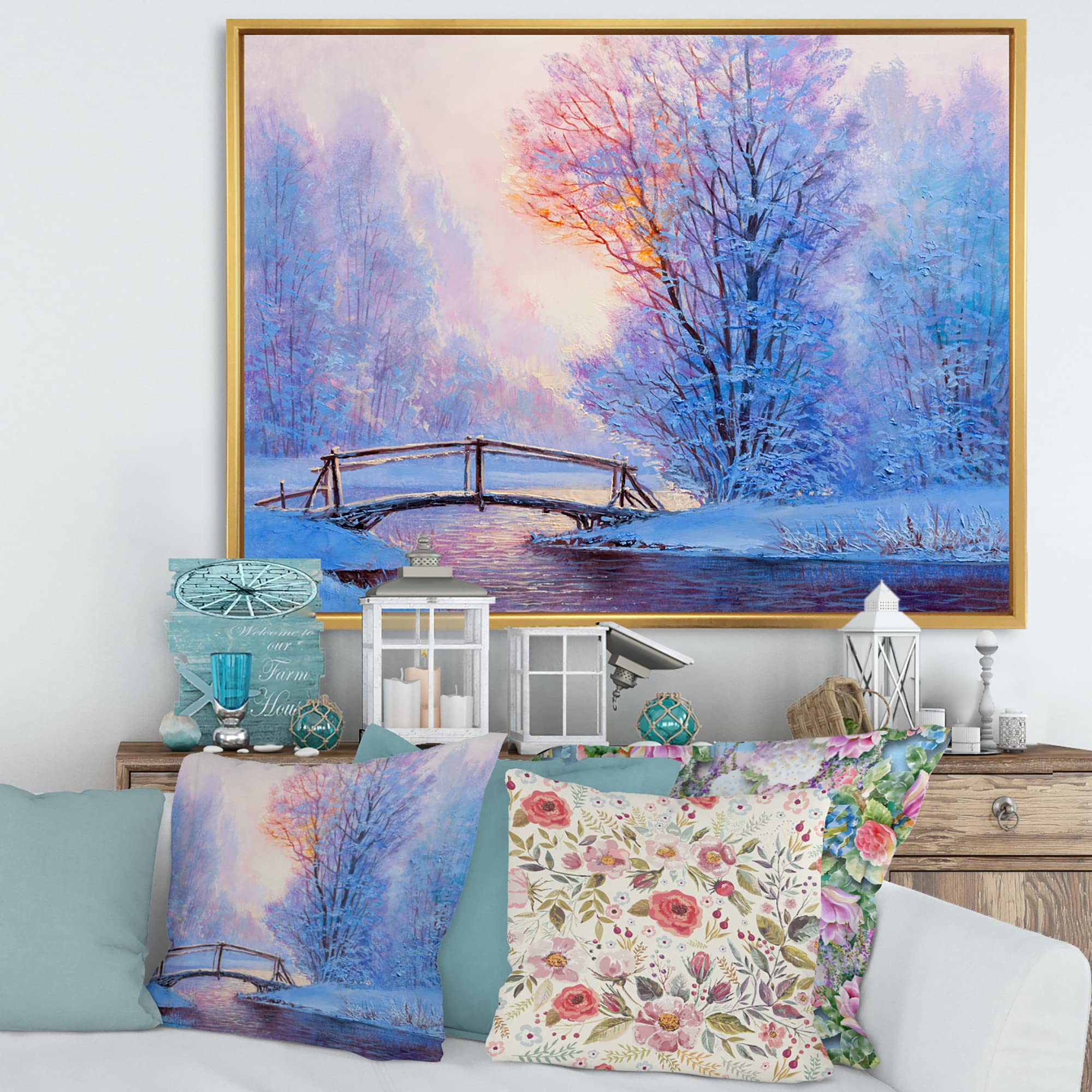 Winter Landscape With River and Bridge - Lake House Framed Canvas Wall Art Print for Living Room, Bedroom & Office Decor