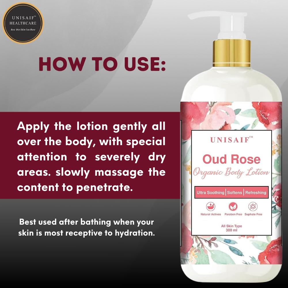 Oud Rose Organic Body Lotion for Women & Men - Natural Moisturizing Hand & Body Cream for Dry Skin - 10.14 Fl oz (300ml) - Perfect for Daily Hydration & Aromatherapy Relaxation
