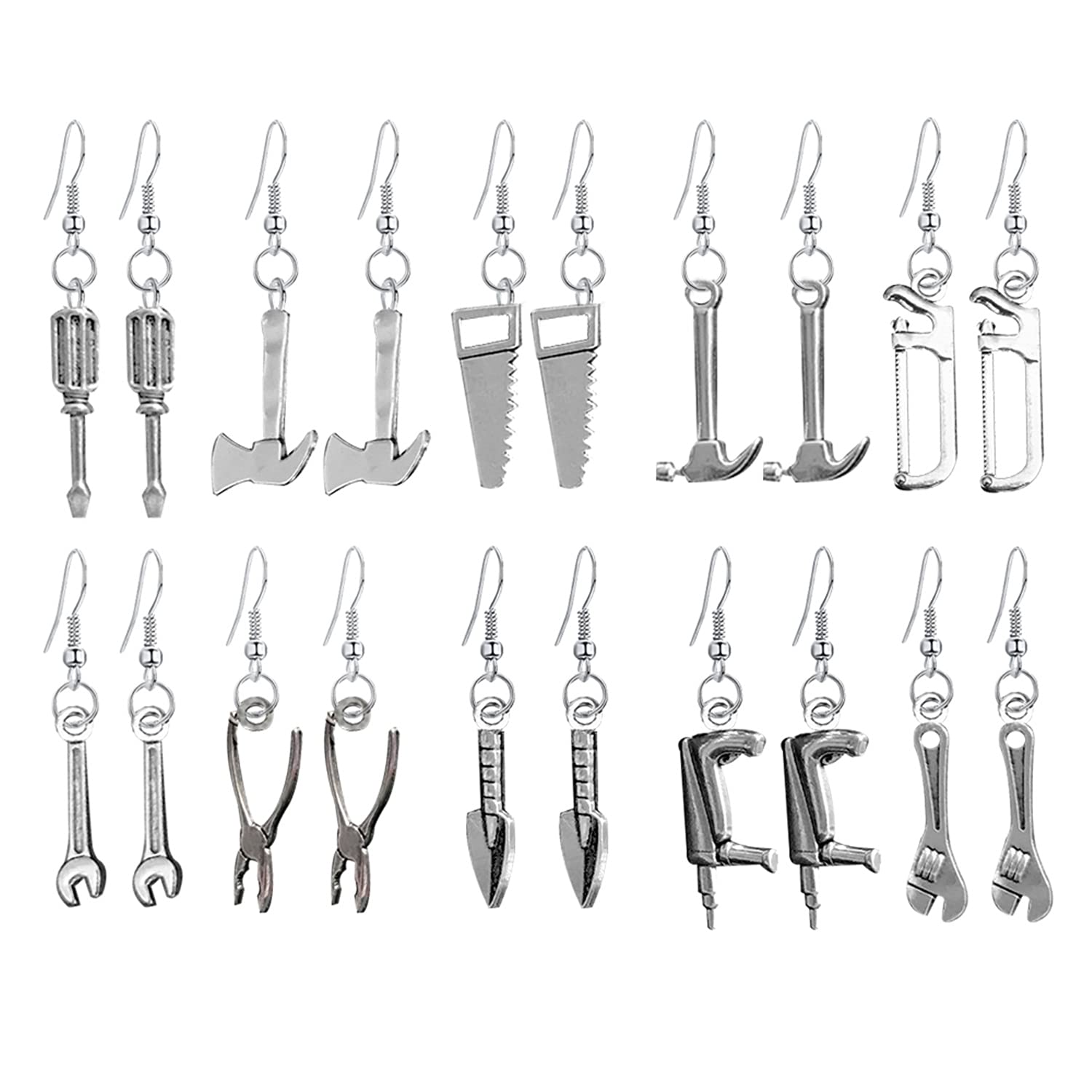 10 Pairs Vintage Silver Tool Axe & Wrench Dangle Earrings - Handmade Lightweight Punk Jewelry for Women | Funky Quirky Drop Earrings for Parties, Concerts & Everyday Wear