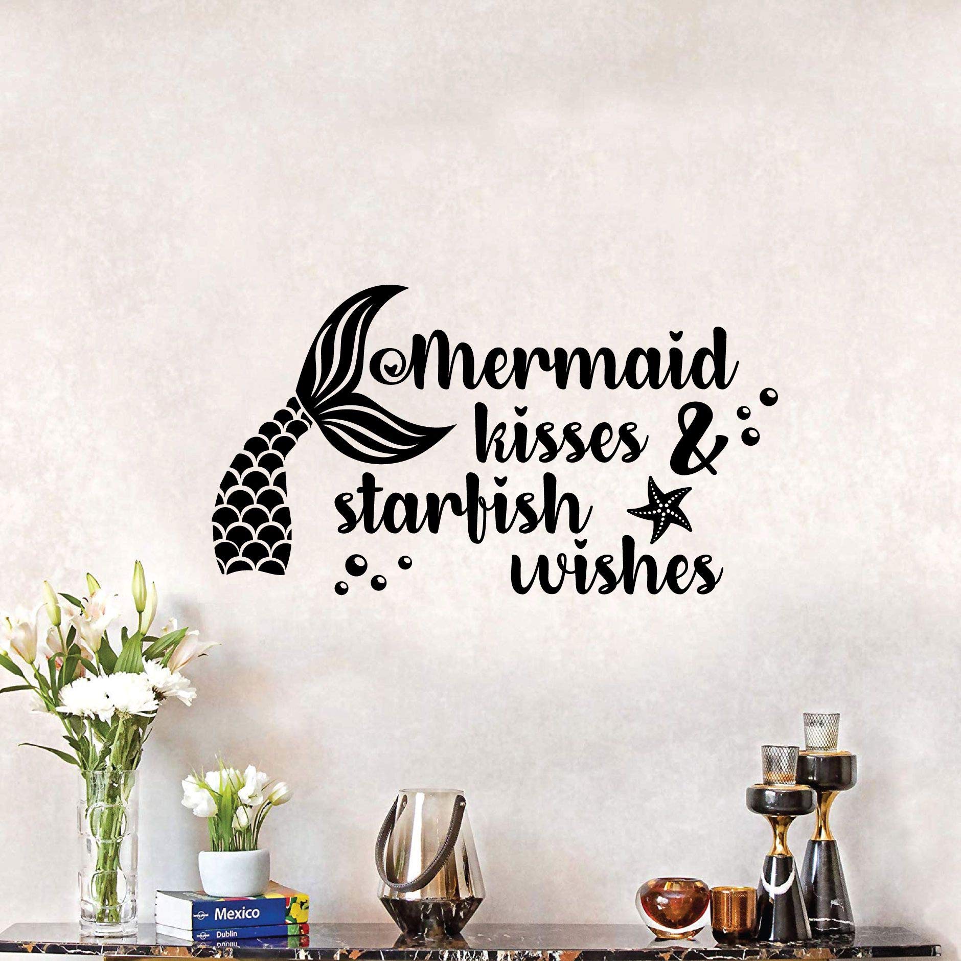 Mermaid Kisses Starfish Wishes - 20x20 Inch Vinyl Wall Art Sticker Decal for Home, Kids Room, Nursery, Girls & Boys Décor | Perfect for Bedroom, Playroom & Baby Shower Gifts