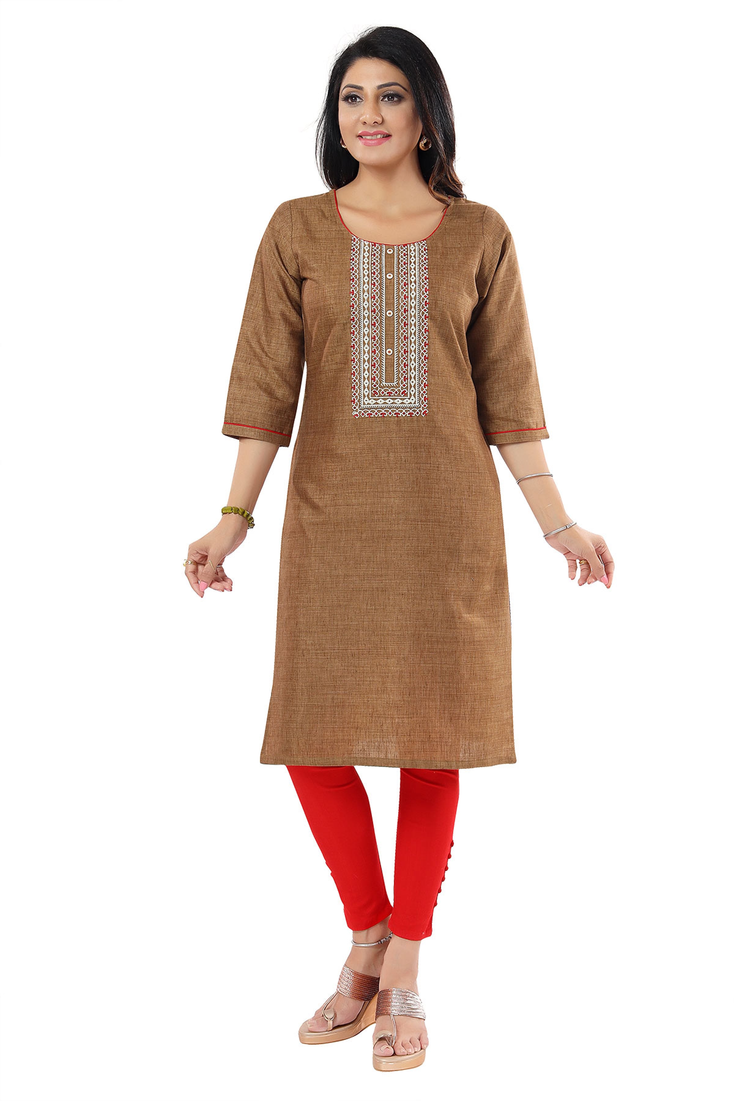 Elegant Brown Cotton Ladies Kurti with Embroidery - Comfortable Casual Wear for Women (D1086) | Perfect for Daily Wear, Office Outfits & Festive Occasions