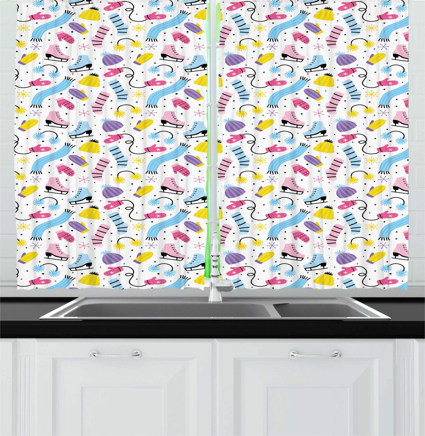 Ambesonne Winter Themed Kitchen Curtains - Colorful Snowflake & Ice Skate Pattern, 2 Panel Set for Window Drapes (55