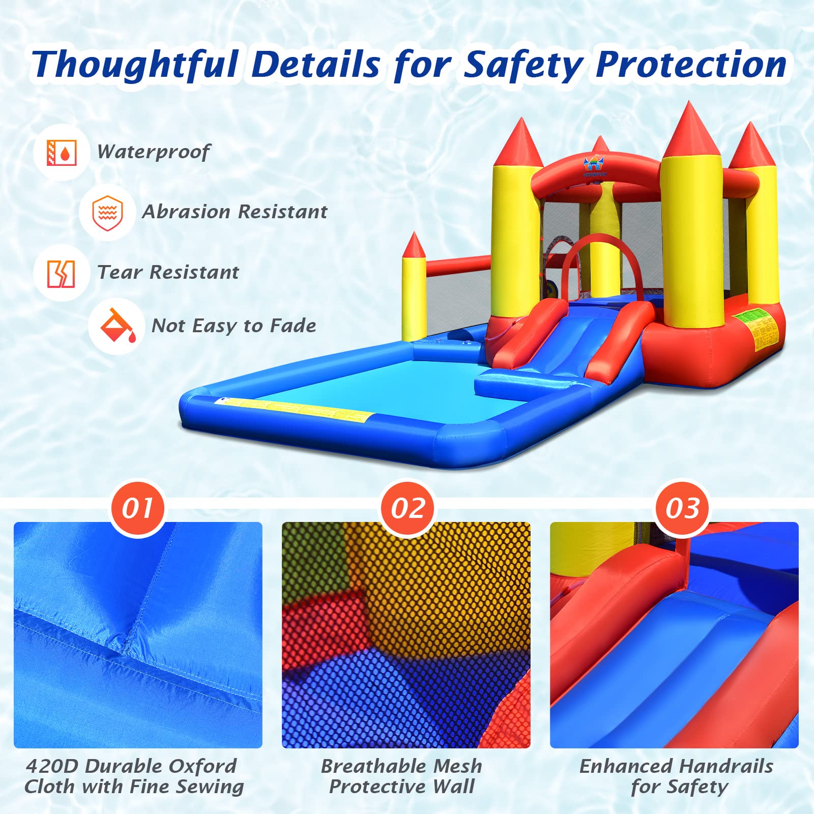BOUNTECH Inflatable Water Bounce House with 480W Blower - Giant Waterslide Park for Kids & Adults, Splash Pool, Wet & Dry Outdoor Play - Perfect for Backyard Parties, Summer Fun, and Birthday Gifts