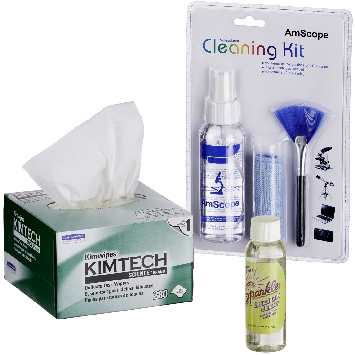 AmScope Microscope & Camera Lens Cleaning Kit - Safe for Lenses, Displays, TVs & Computer Screens - CLS-CKI-Kim - Perfect for Photographers, Scientists & Electronics Maintenance