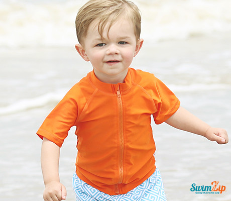 Kids Short Sleeve Zipper Rash Guard Swim Shirt - UPF 50+ Sun Protection | Orange Color | Perfect for Beach, Pool & Water Sports