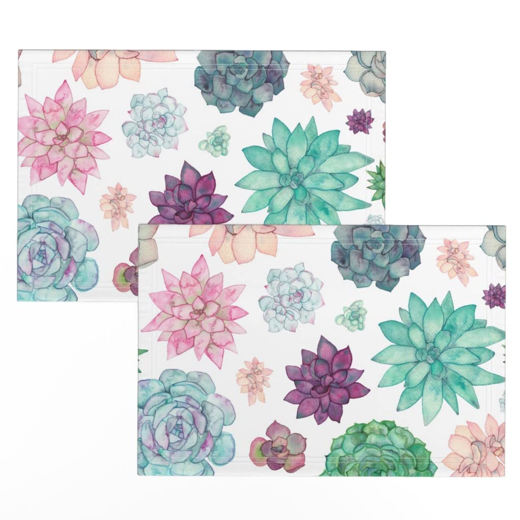 Premium Linen Cotton Canvas Placemats Set of 2 - Succulent Garden Cactus Floral Watercolor Print Table Mats for Dining, Kitchen Decor & Party Table Setting