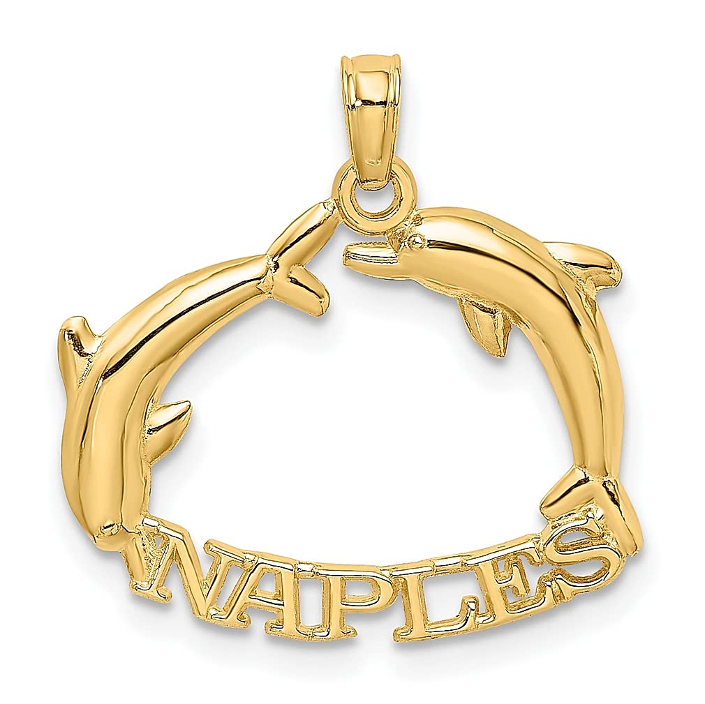 14K Yellow Gold Naples Dolphins Charm Necklace Pendant - Elegant Travel & Transportation Jewelry for Women - Perfect Gift for Her - Ideal for Beach Vacations, Cruise Trips & Coastal Getaways